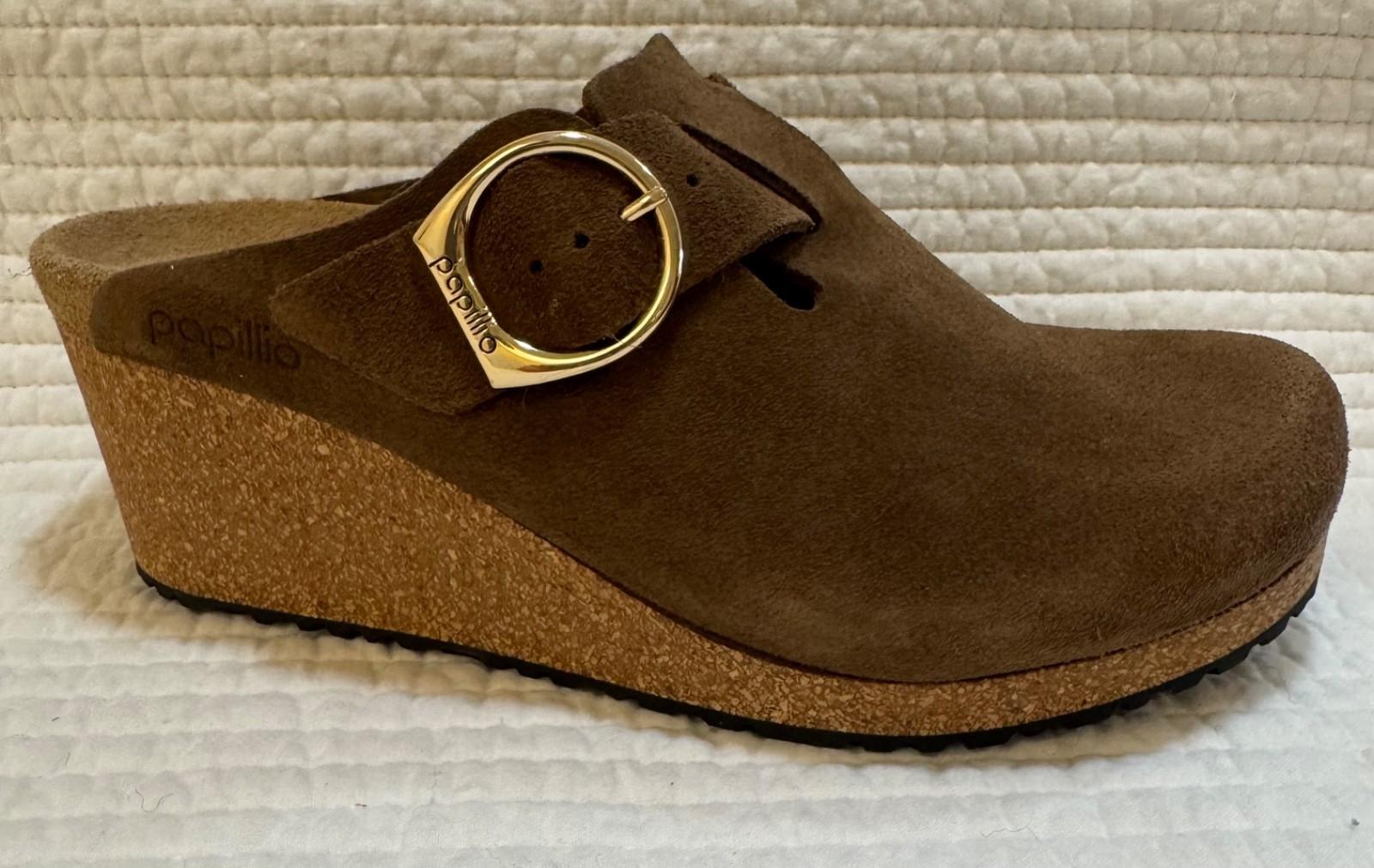 BIRKENSTOCK PAPILLIO FANNY BUCKLE CLOG SUEDE DARK TEA 39 Ladies 8 Narrow