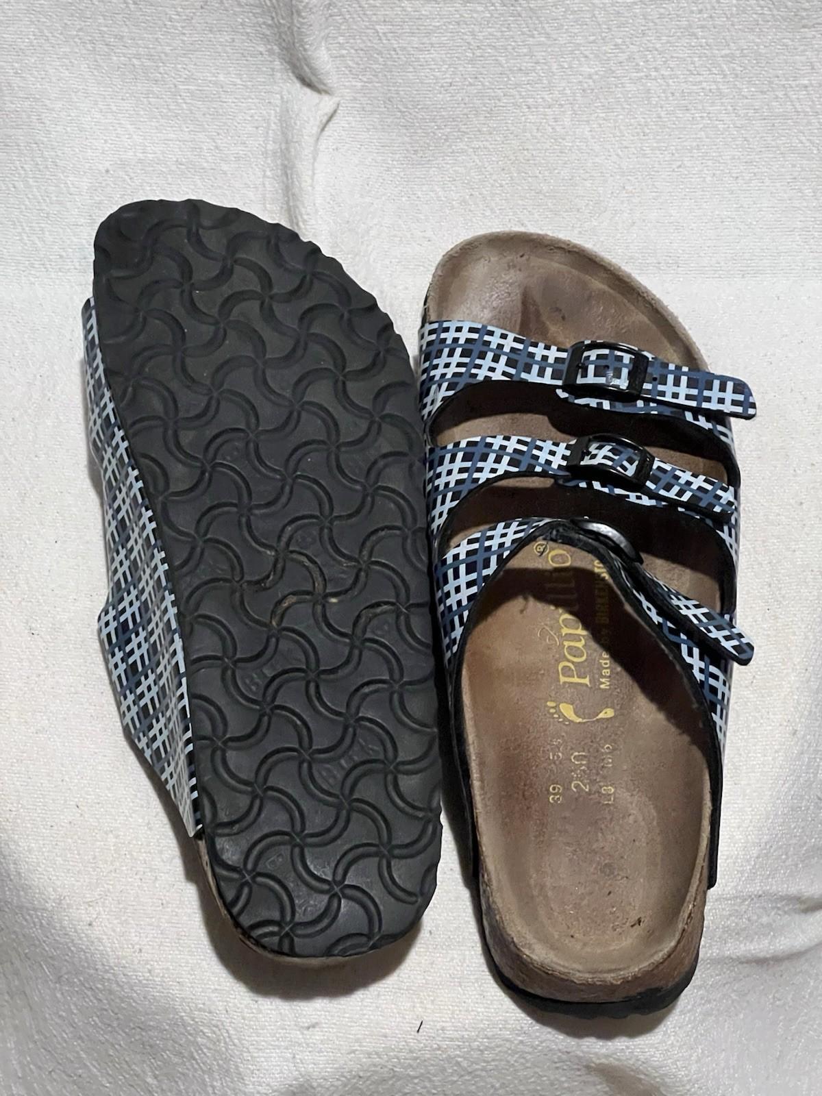 Birkenstock “papillio” – Black background, blue and white plaid
