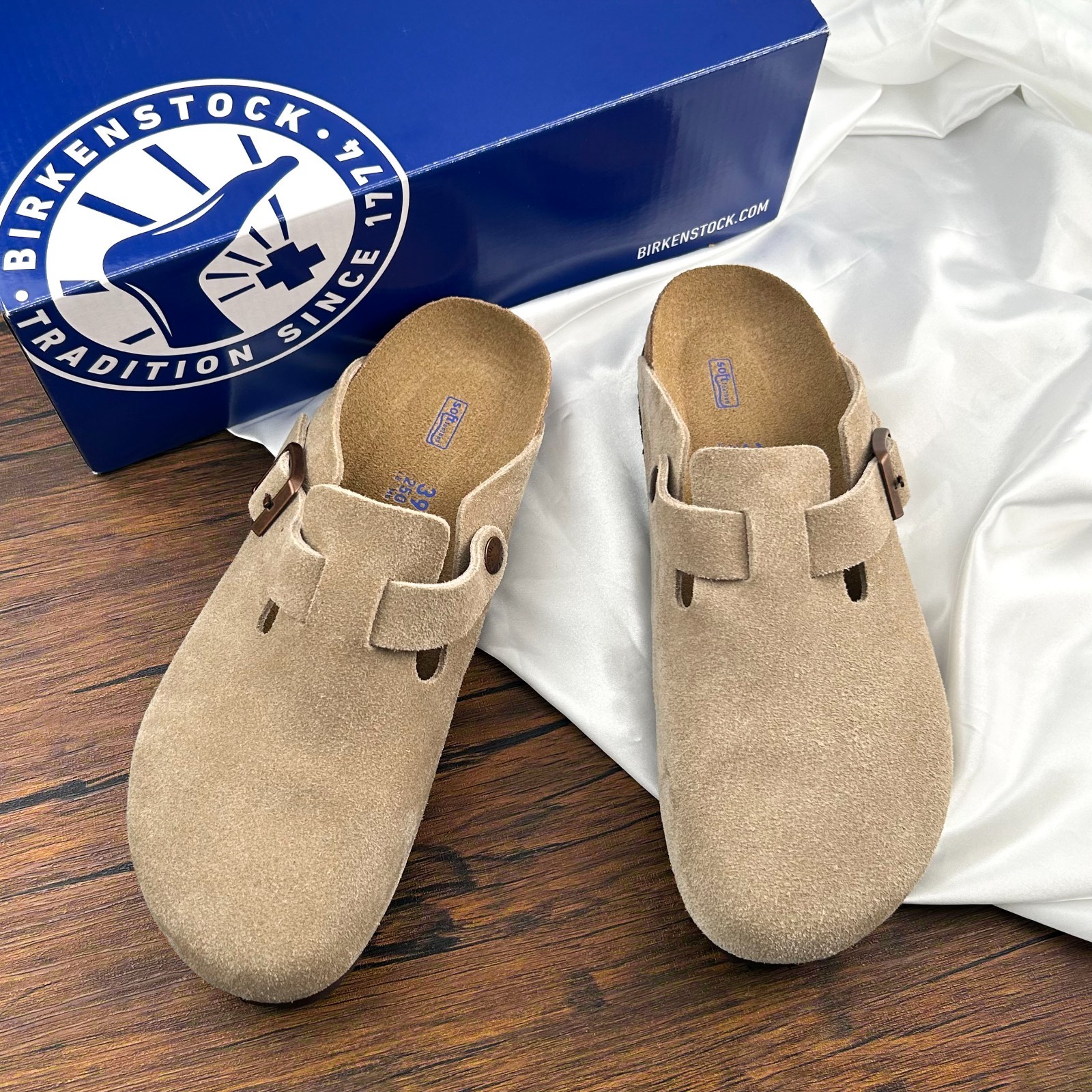 New W/ Box Birkenstock Boston Taupe Suede Leather Soft Footbed Select Size