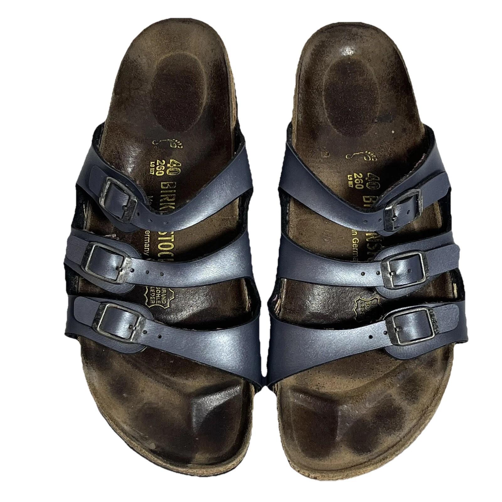 Birkenstock Florida Womens 9 US 40 EU Triple Strap Sandals Metallic Blue Leather