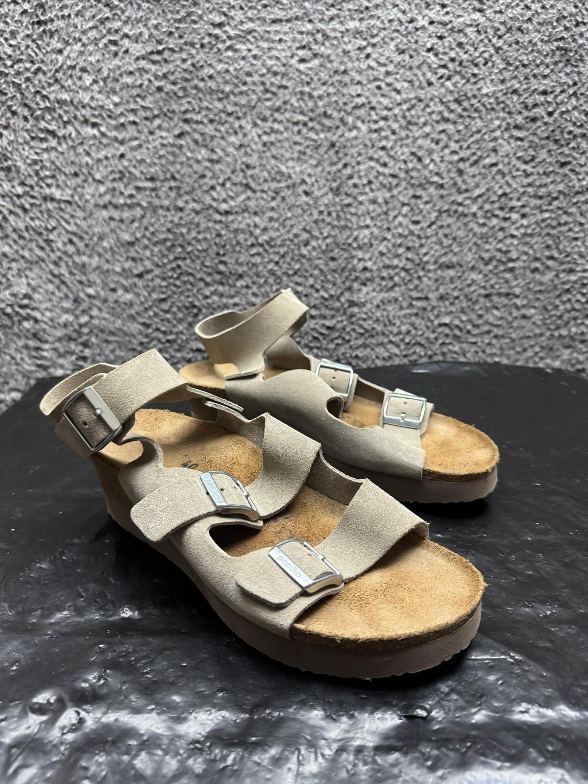Birkenstock Papillio Linnea Buckle Suede Platform Sandal Beige Womens Size 40 EU