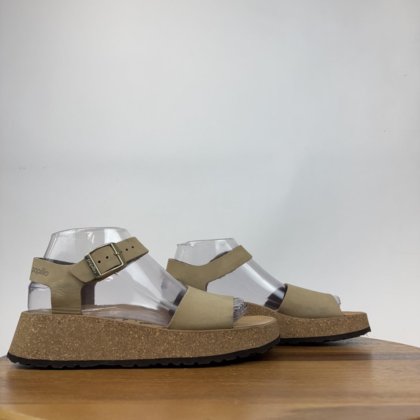 Womens Birkenstock Papillio Glenda Beige Leather Platfrom Wedge Sandals Size 38