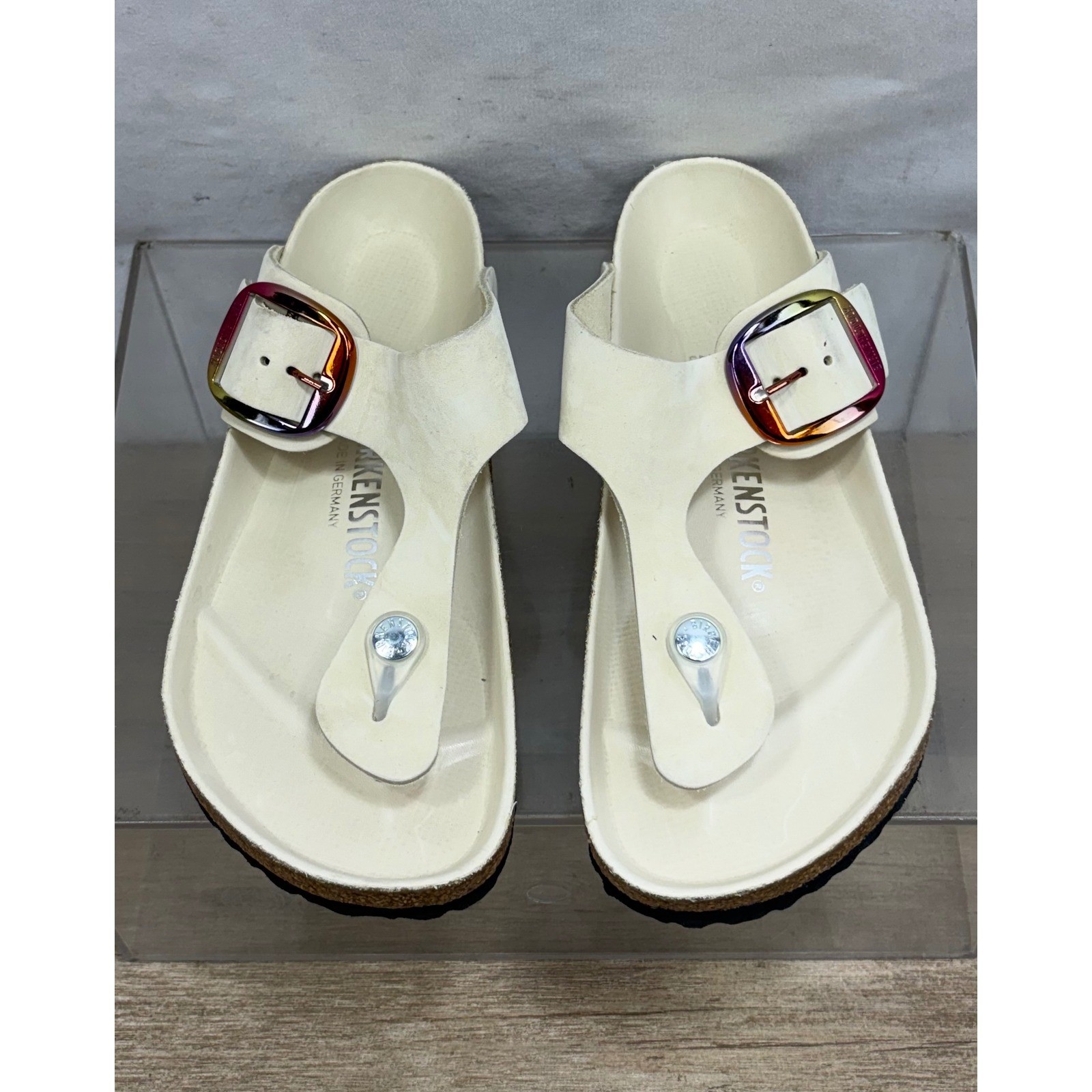 Birkenstock Gizeh White Suede Rainbow Buckle Thong Sandals Women’s Size 38  US 7