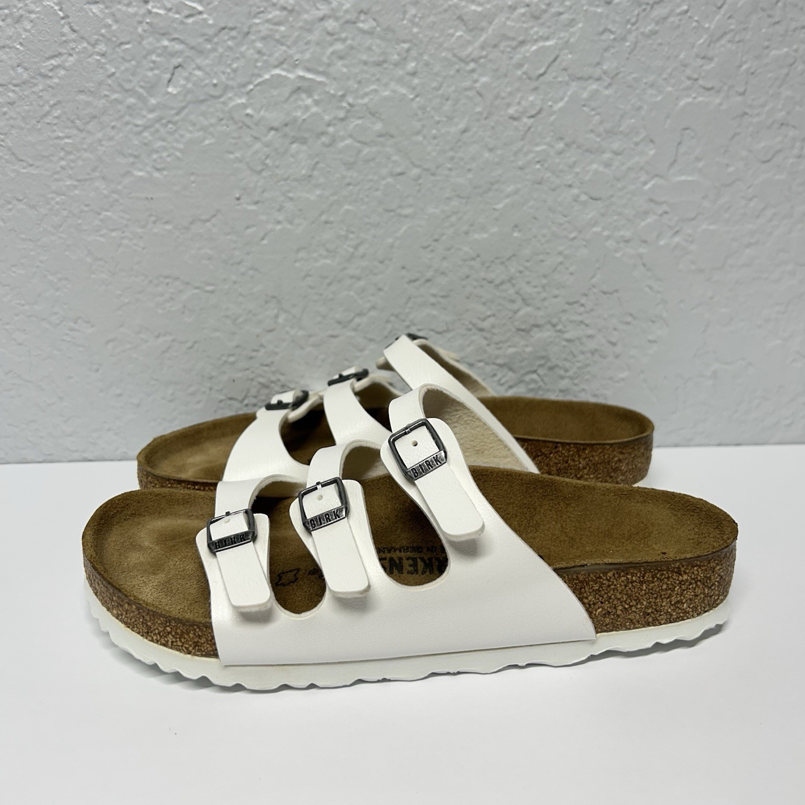 Women’s Birkenstock Florida Birko-Flor White Sandals 3-Buckle Size 38 US 7-7.5