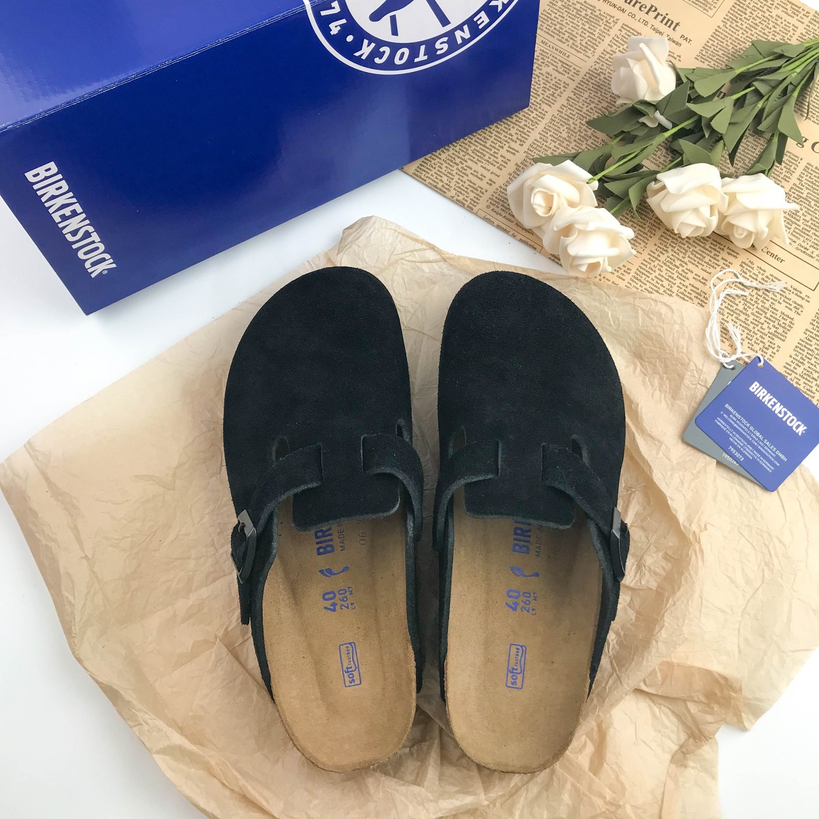 Birkenstock Boston Black Soft Footbed Suede Leather Clog Unisex Sandals EU37-45