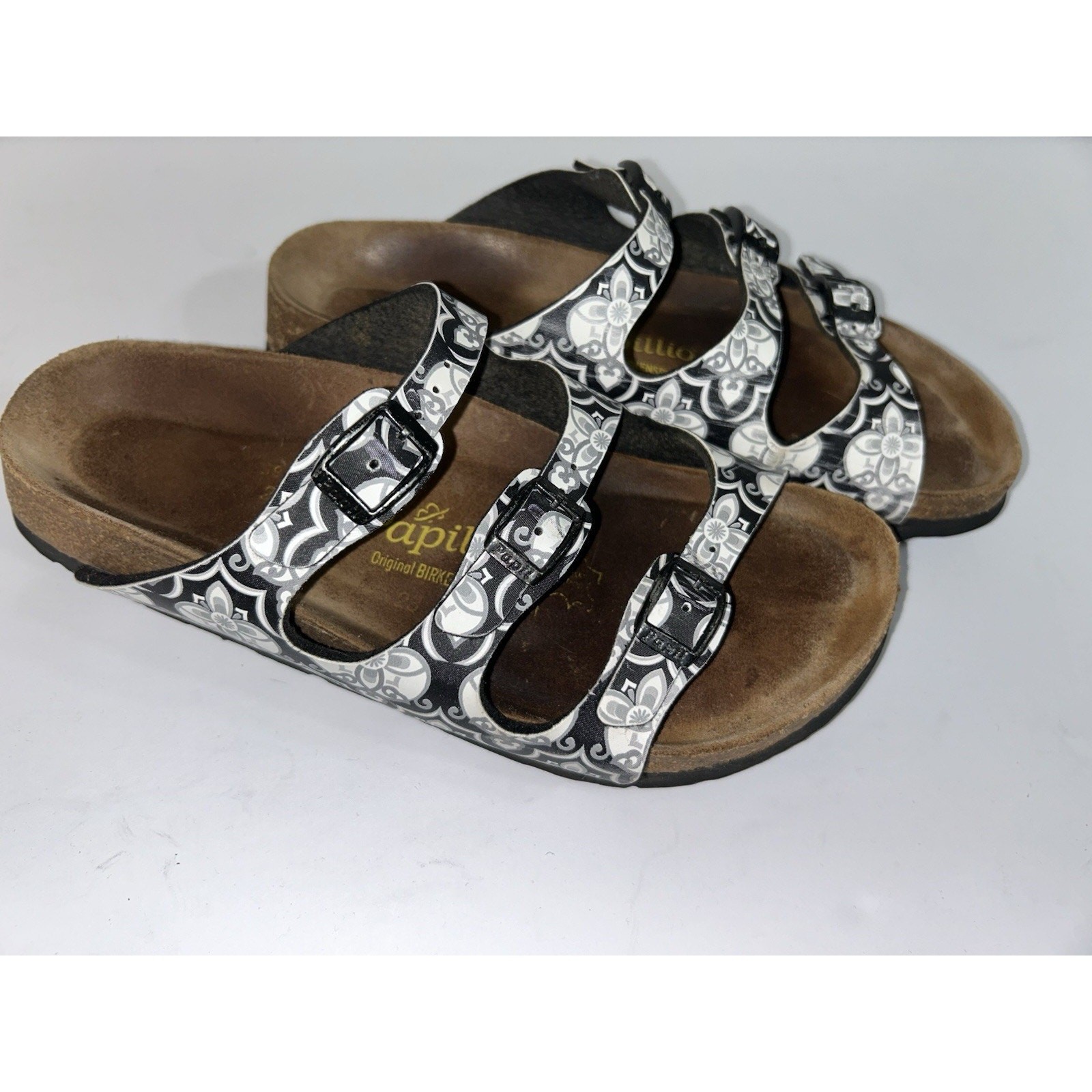 Birkenstock Papillio 250 Florida Sandals Black/White/Gray 3-Strap Women’s Size 8