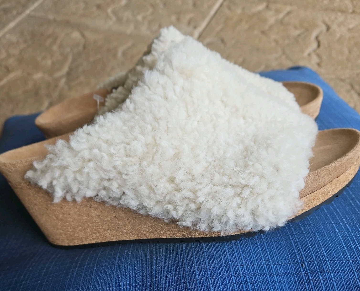 Birkenstock Papillio Namica Teddy Shearling Fur Wedge Mules Egg Shell Ivory Sz 7