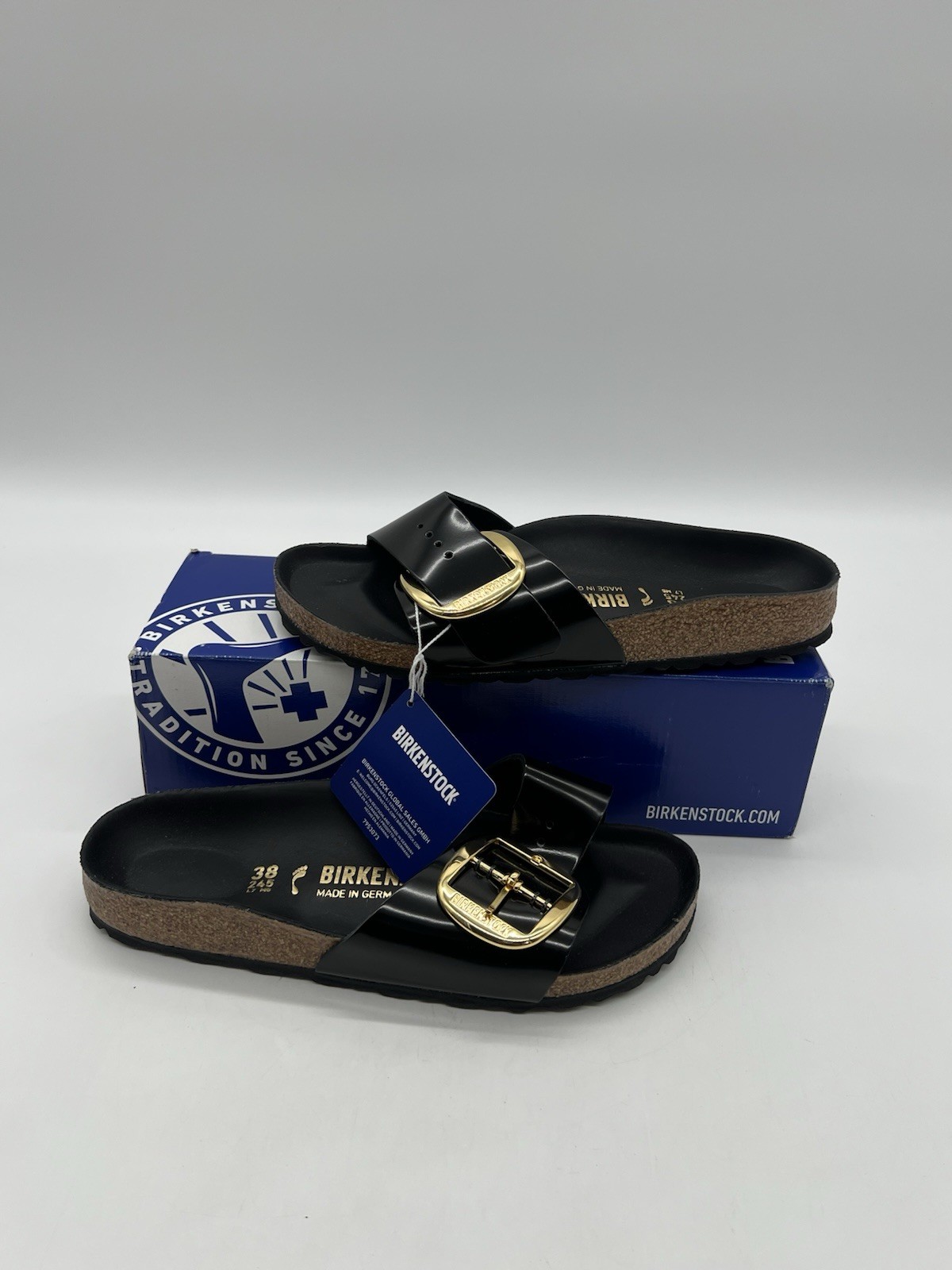 Birkenstock Madrid Big Buckle Women’s 8 High Shine Black Patent Leather Sandals.