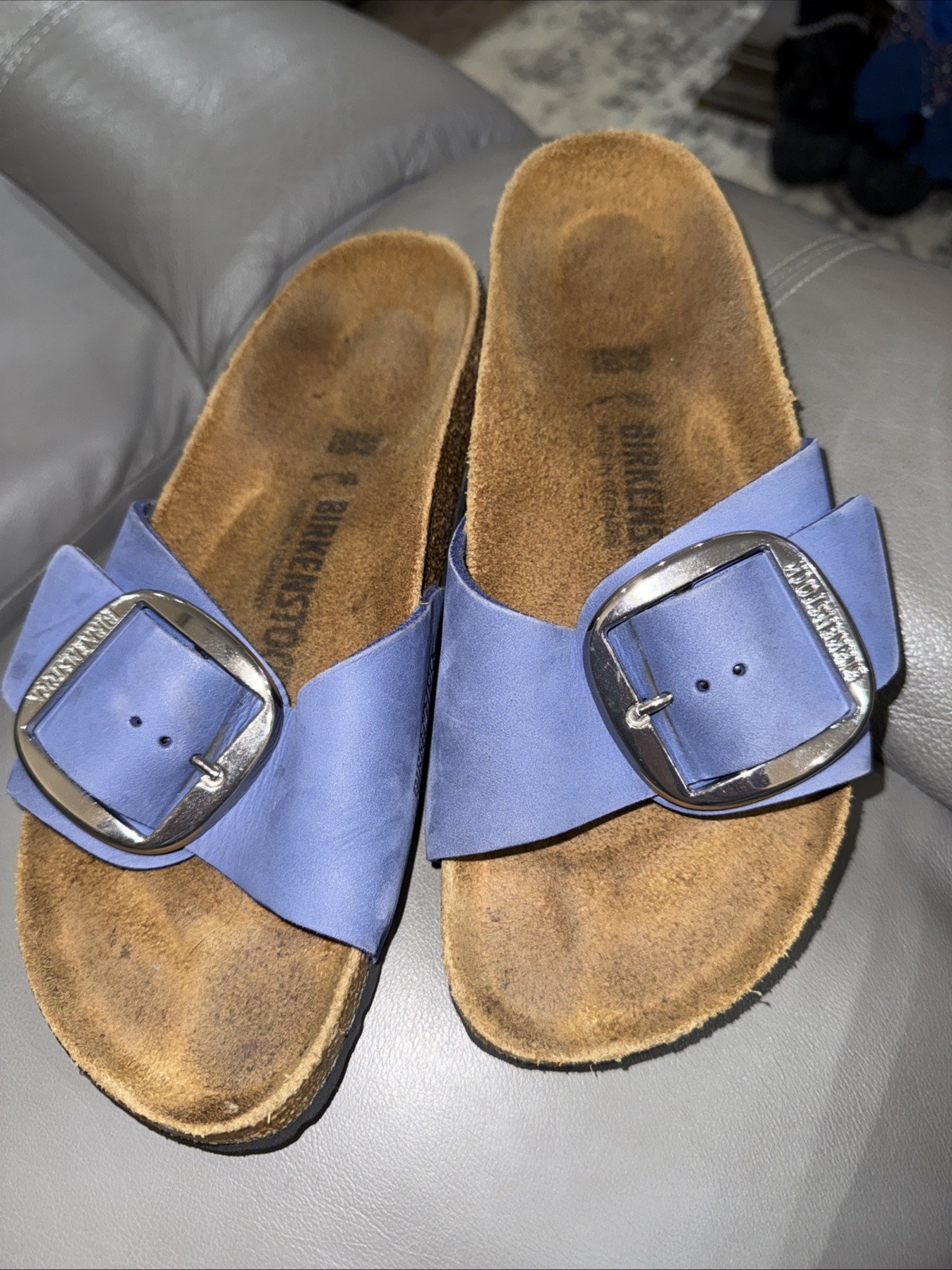 Women’s Birkenstock Madrid Big Buckle Slides 39 Vegan Periwinkle Blue EUC