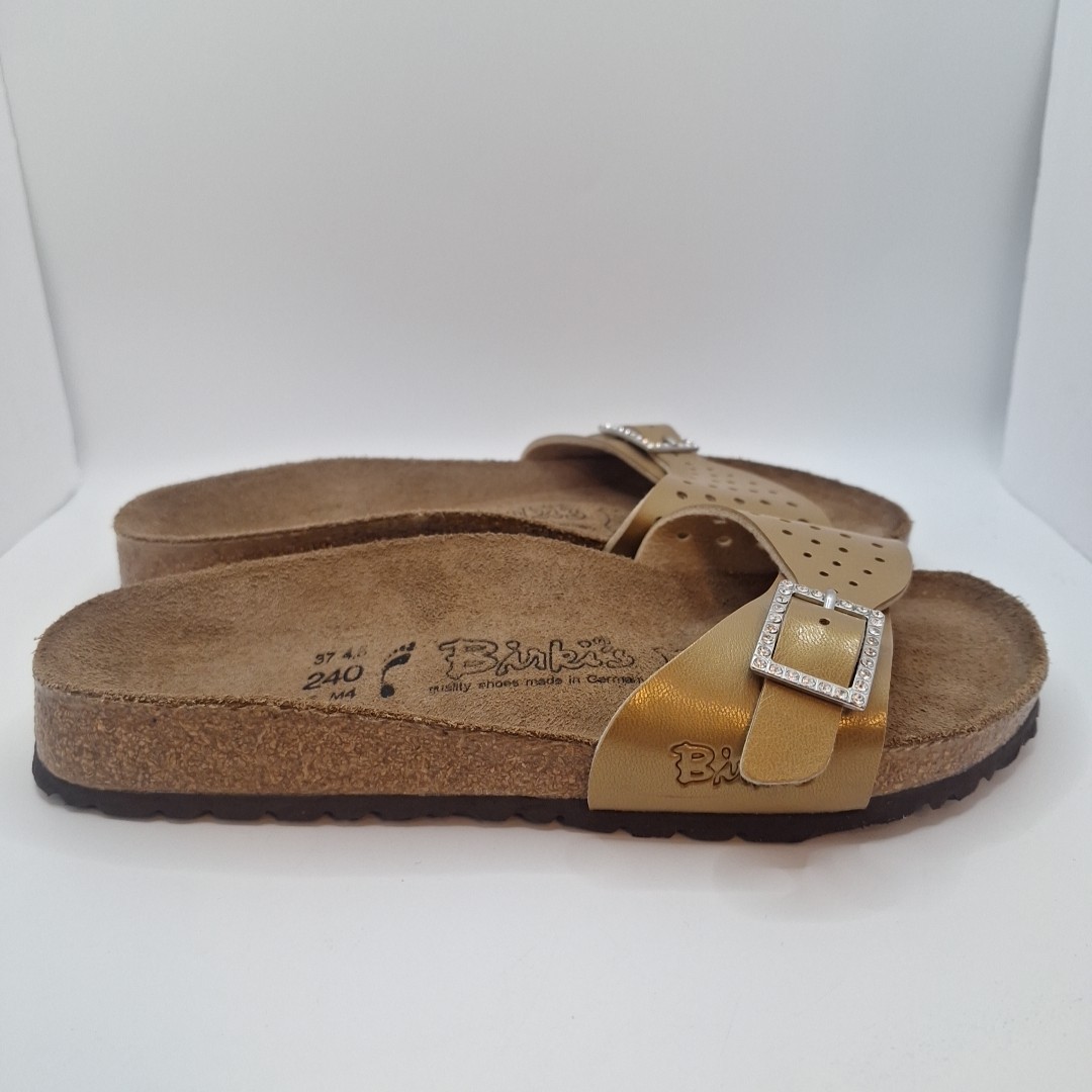 Birkenstock Madrid Slides Sandals Women’s 6 Leather Gold With Rhinestone Buckle