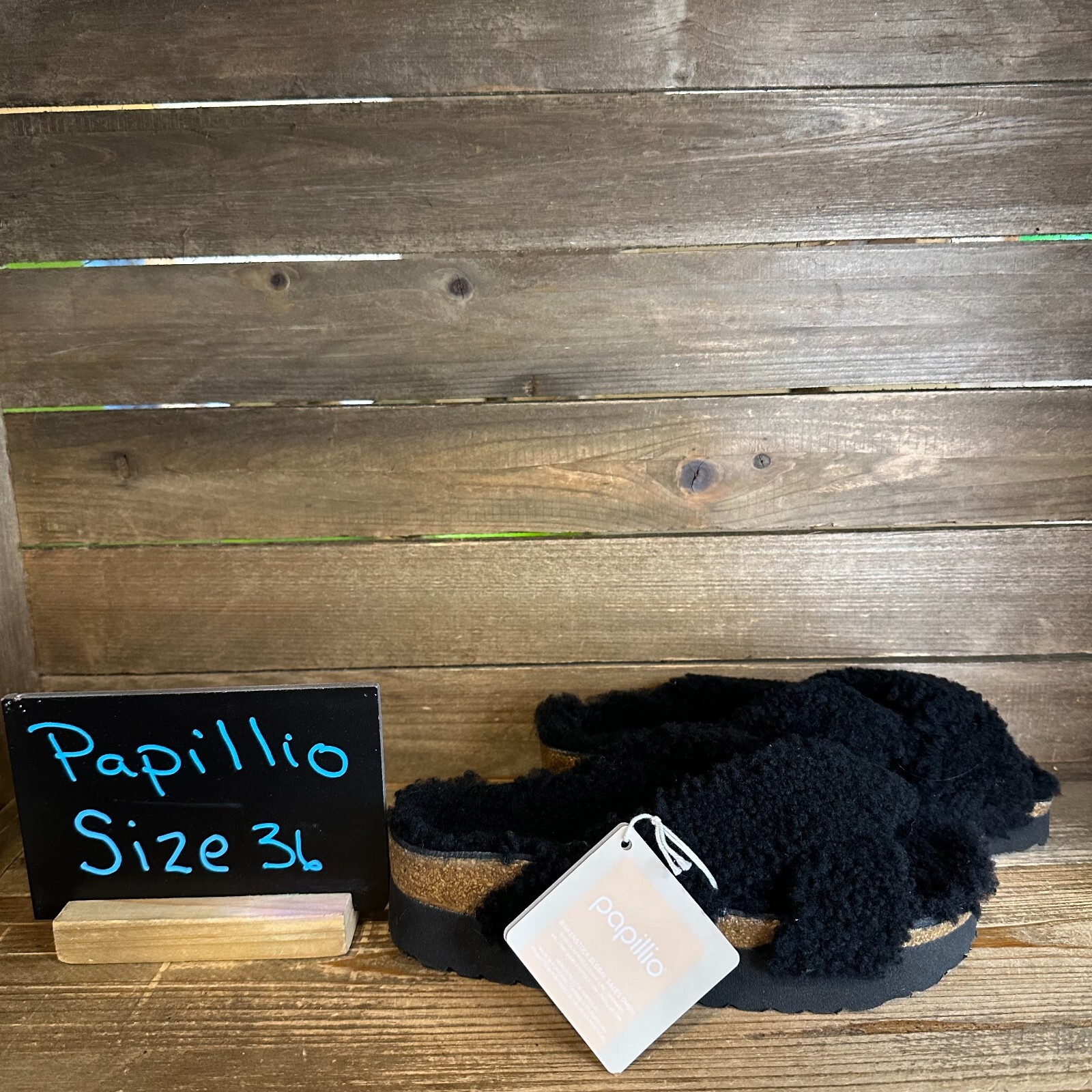 New Womens Birkenstock Papillio Black Daytona Teddy Platform Sandals 36 US 5