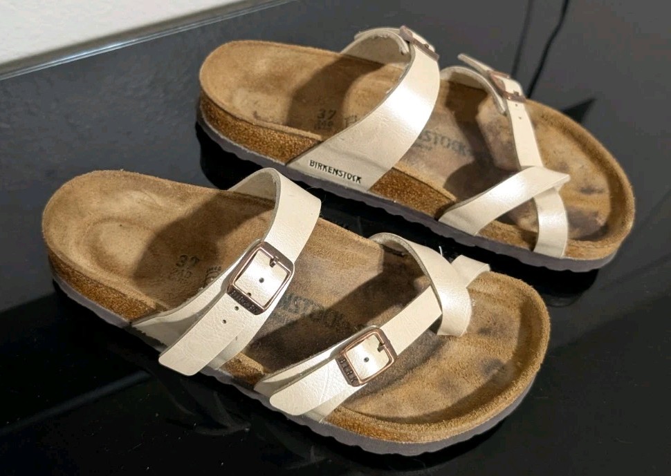 Birkenstock Mayari Sandals 37/6 Bronze Buckle Double Cream Strap Toe Loop Betula