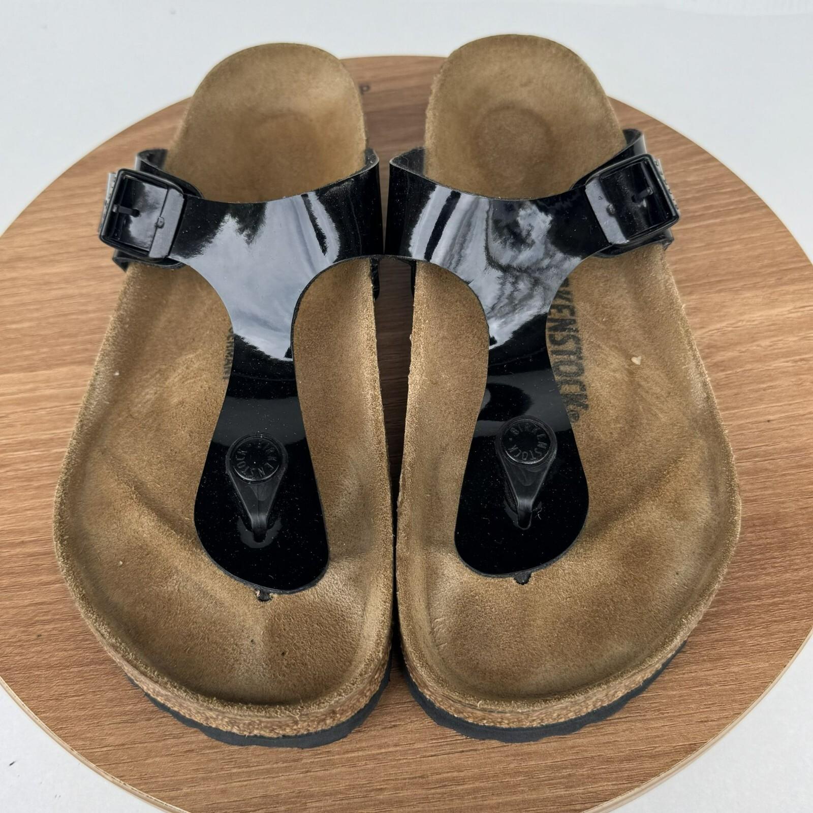 Birkenstock Gizeh Patent Black Faux Leather Sandals Size 36 EU 5-5.5 US EUC