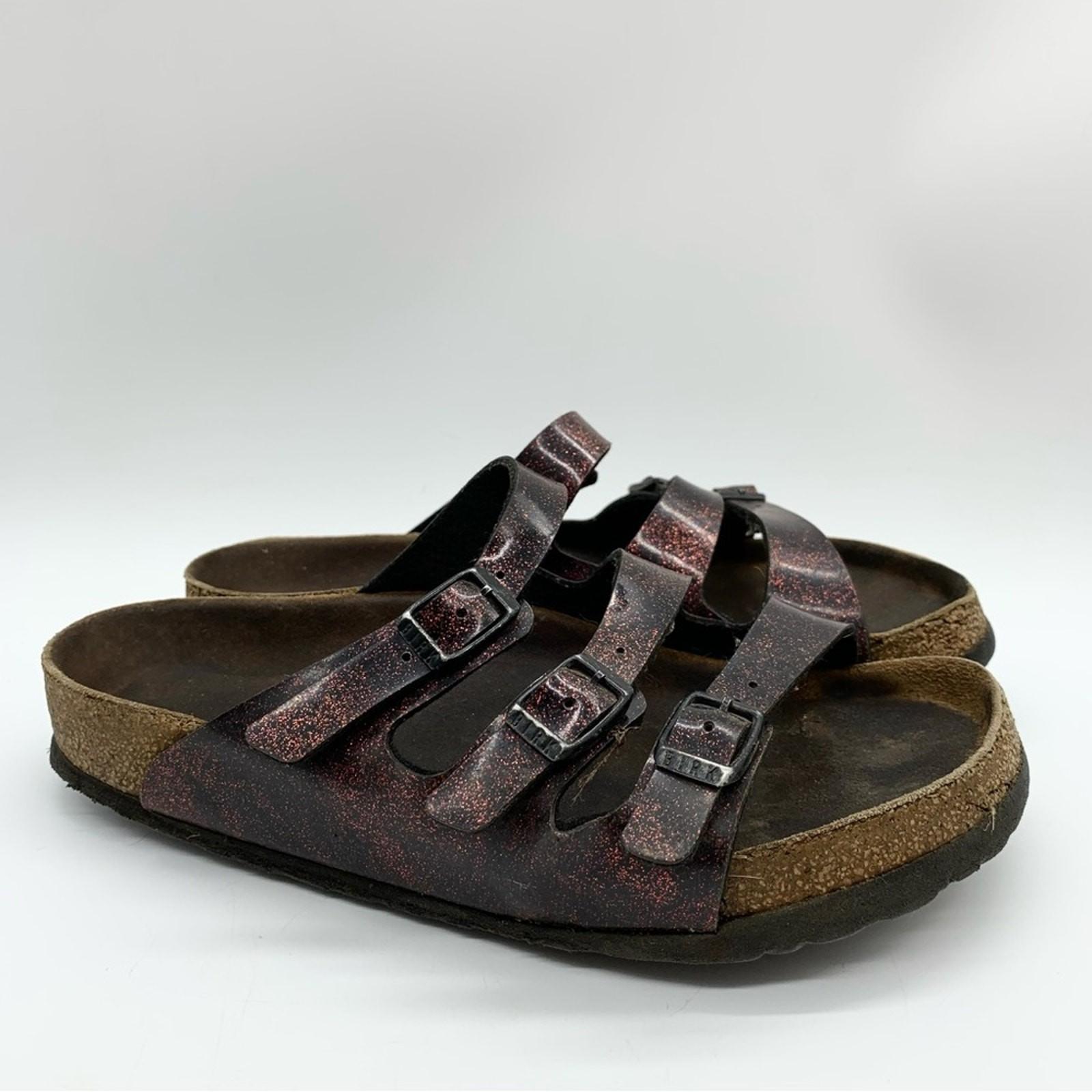 Birkenstock Womens Florida Birko-Flor Red Glitter Slide Sandals Size 38