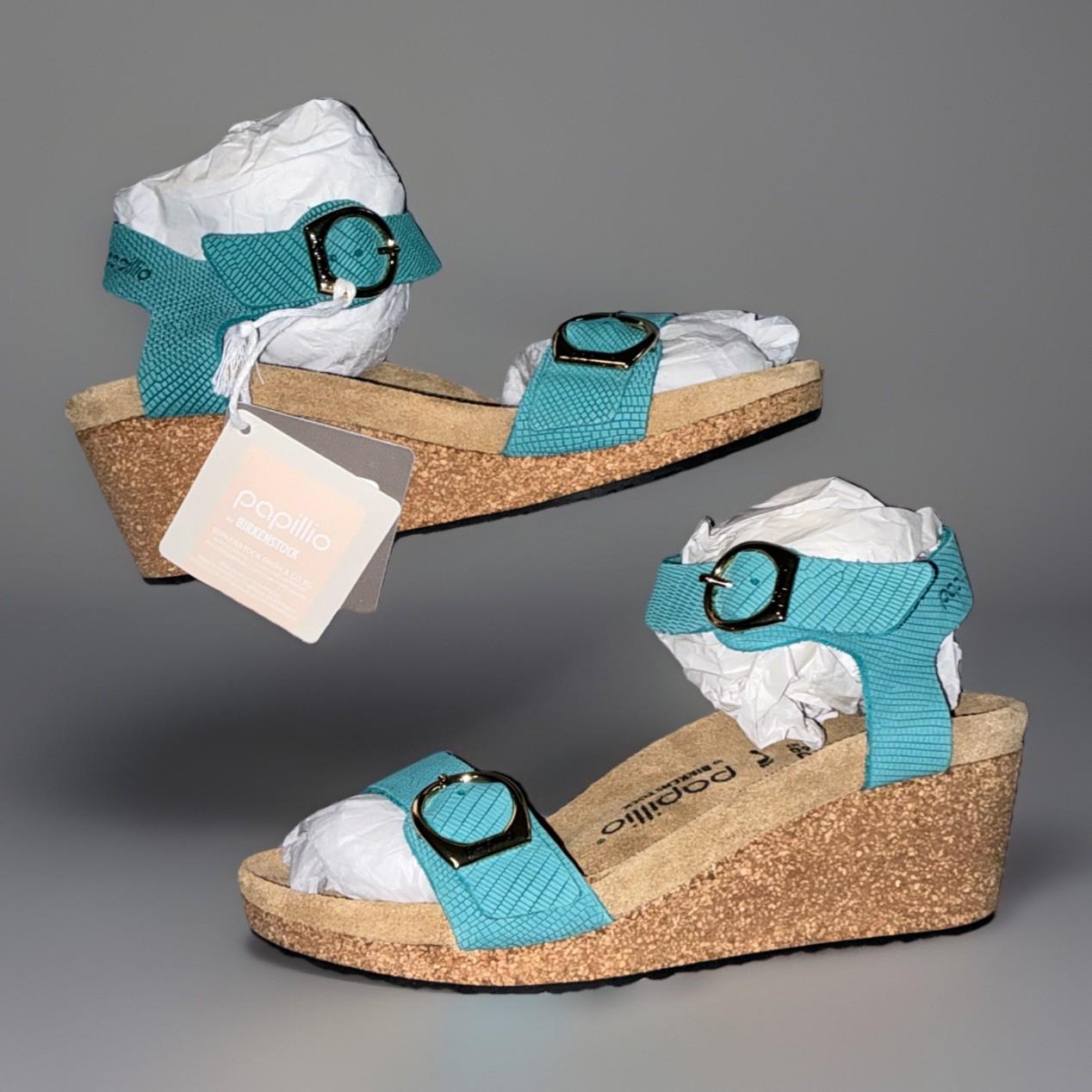 NWT Birkenstock Papillio Teal Blue Slingback Wedge Sandals Size 9 EU 40