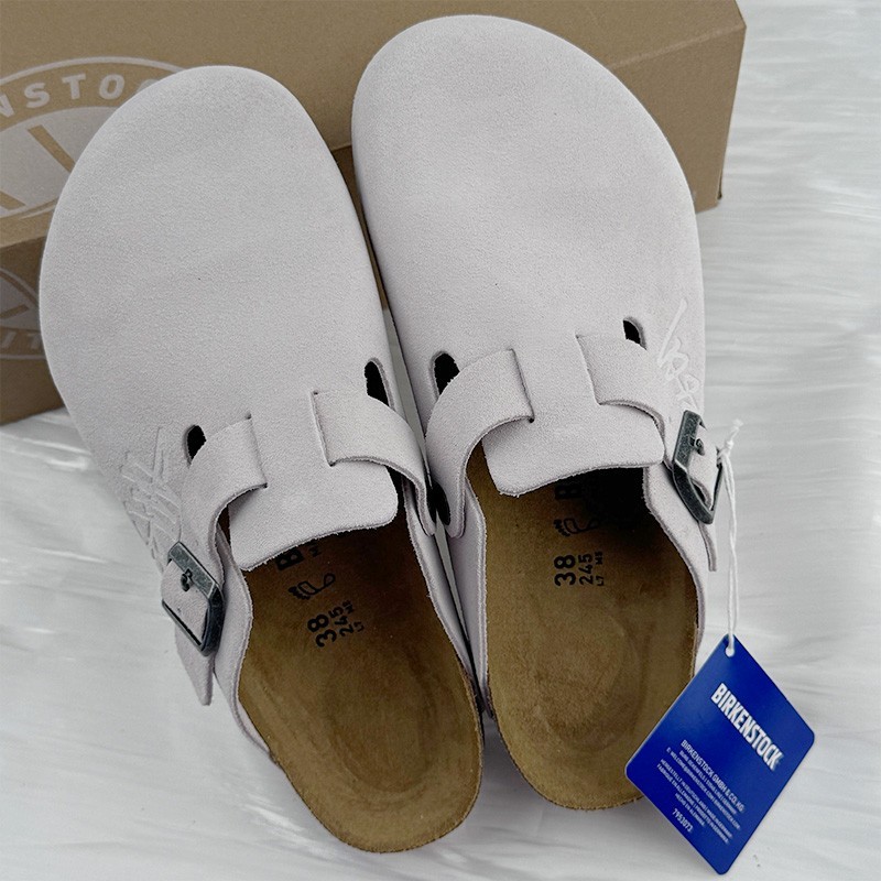 Birkenstock Boston x Stussy Bone Suede Soft Leather Unisex Clog Shoes Wide Size