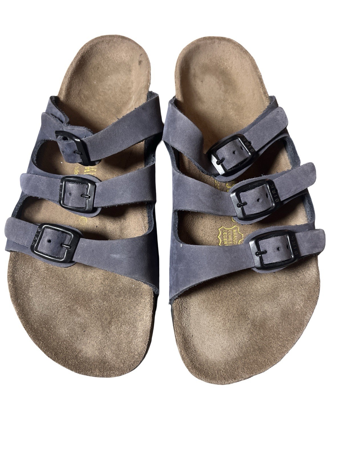 Birkenstock Florida Triple Strap Sandals Blue Leather Birk Buckle, 7.5