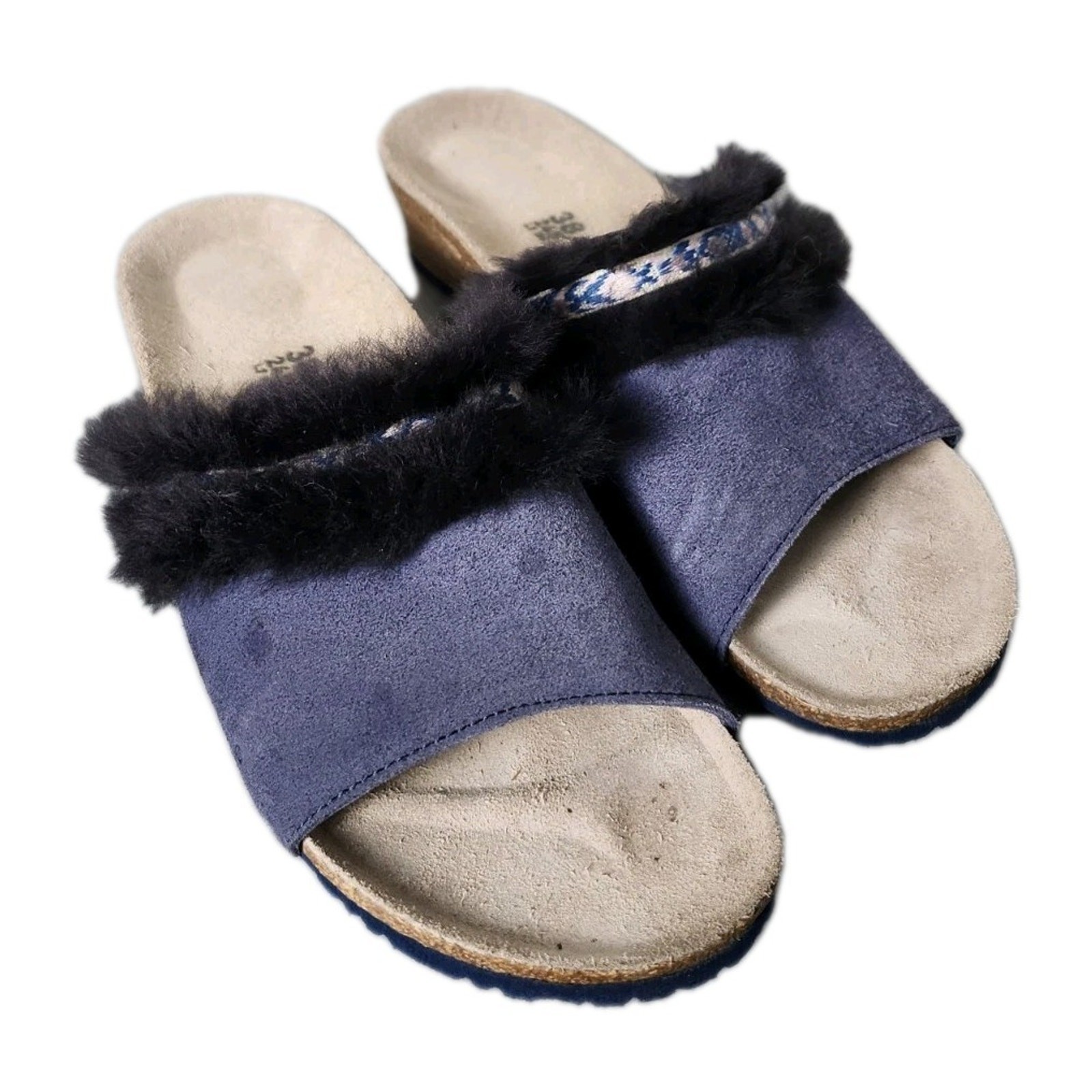 Birkenstock Papillio Amber Wedge Mule Sandals Size 38/ 7 Blue Fur Trim