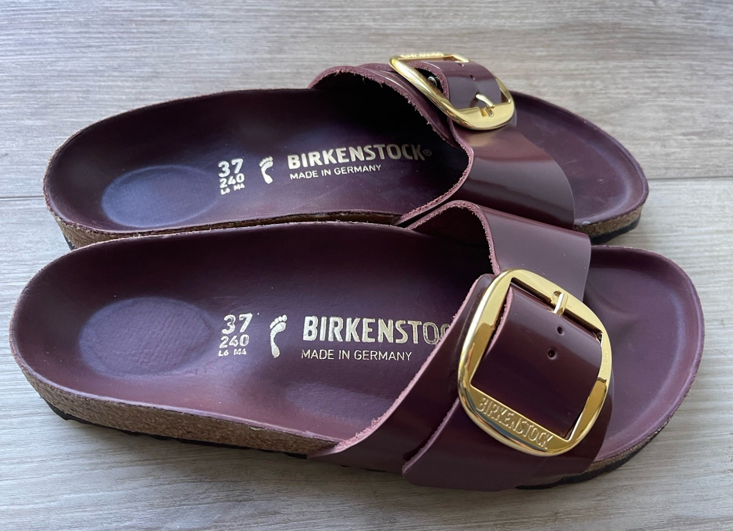 NEW Birkenstock Madrid Big Buckle Sandal, High Shine Chocolate Sz 37/ US 6-6.5