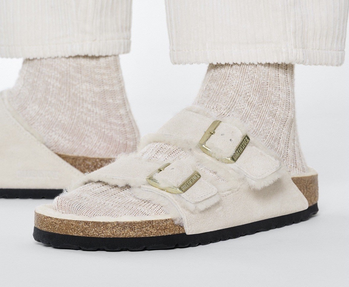 New Birkenstock Arizona Shearling Suede Sandals Sz-10/41 Antique White