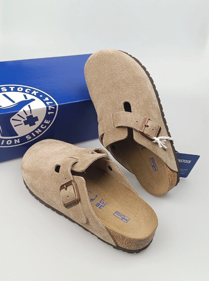 Birkenstock Boston Suede Clogs Womens Taupe Normal Soft Footbed Sandals