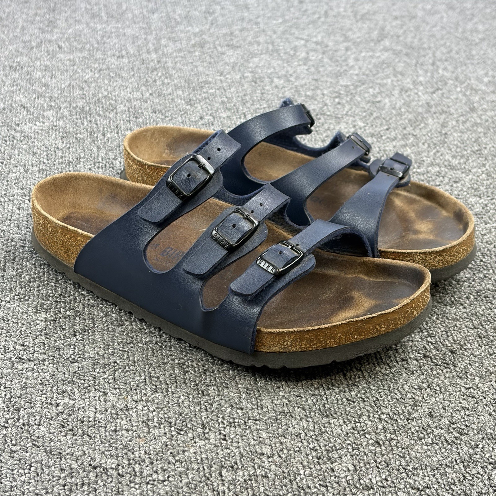 Birkenstock Florida Birko-Flor Brown Blue Leather 3 Strap Sandal Women 39 US 8