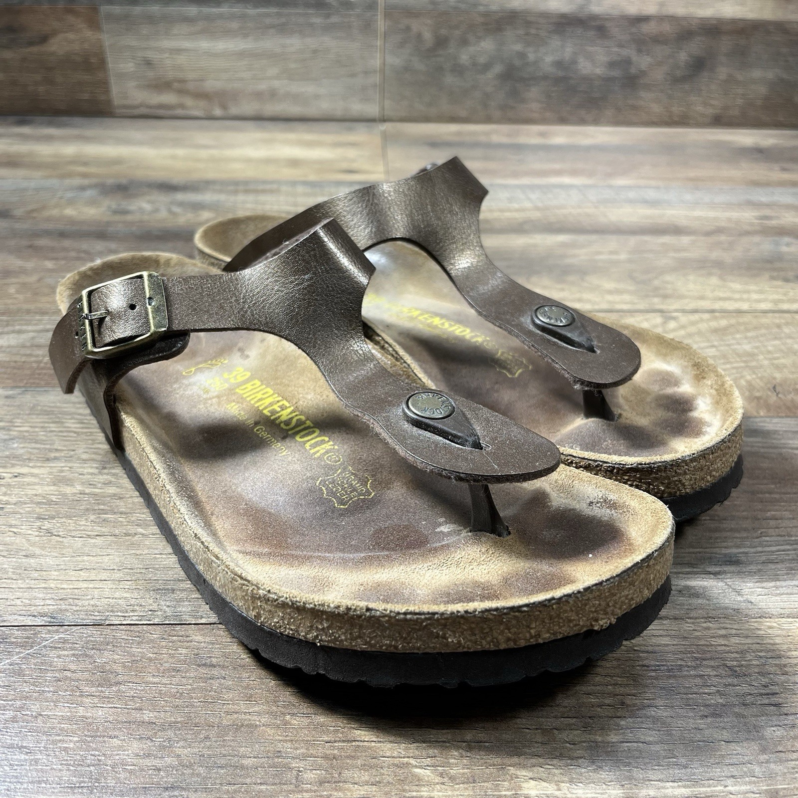 Birkenstock Gizeh Thong Sandals Brown Leather Gold Bronze Slides EU 39 Women’s 8