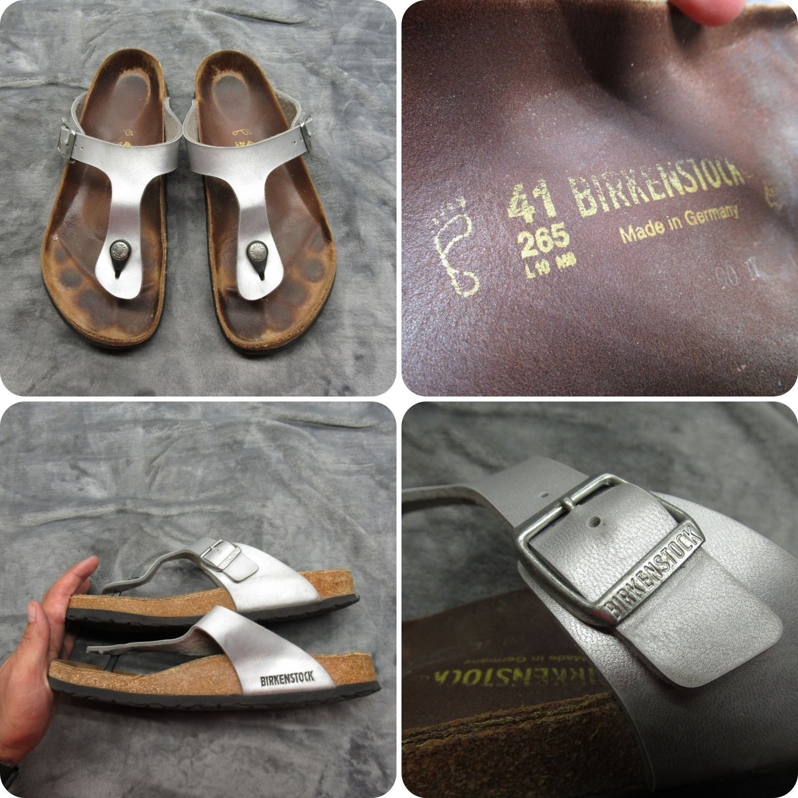 Birkenstock Gizeh Sandals Womens 10 US Silver Thong Adjustable Buckle Leather