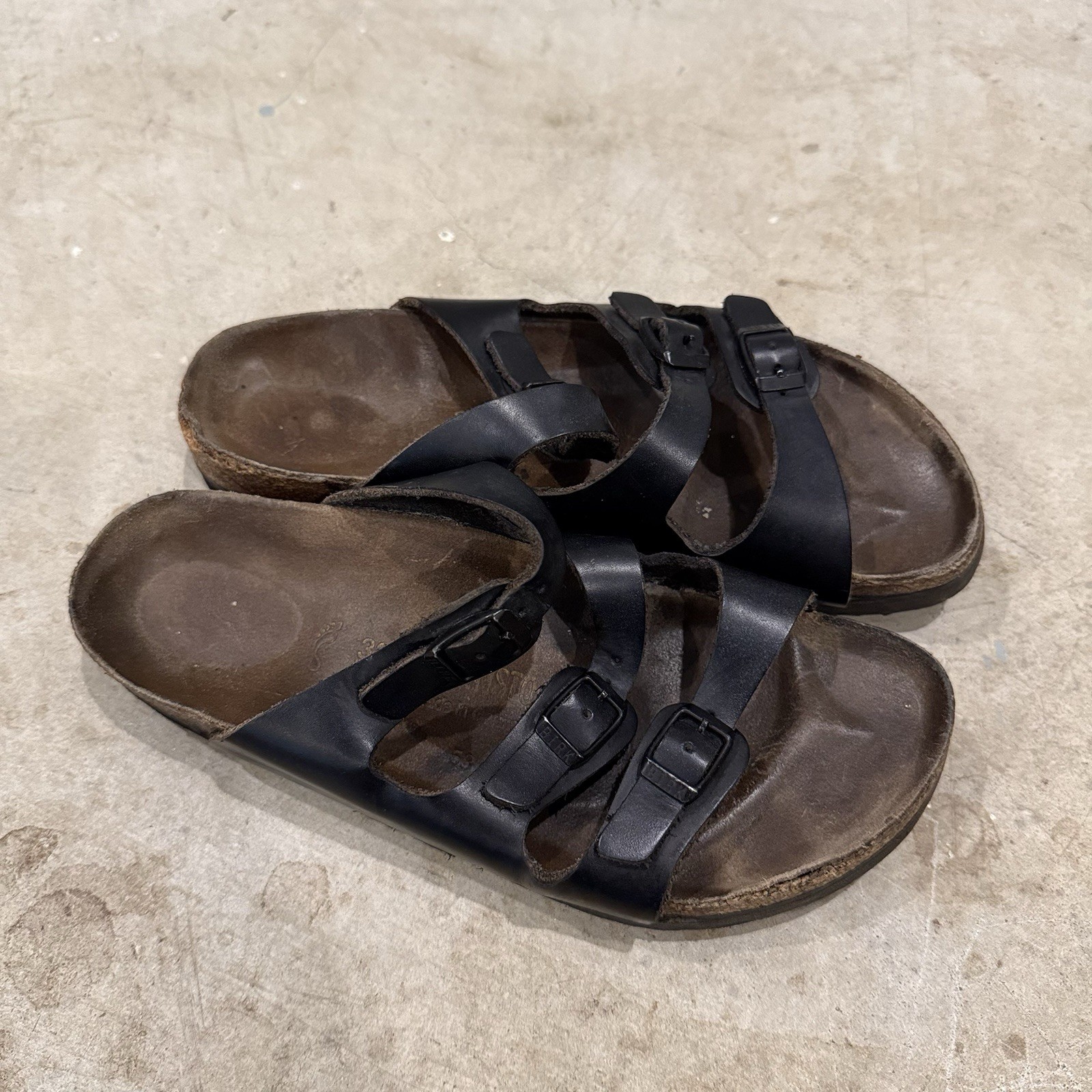 Birkenstock Florida Womens Sz 39 (8) Black Leather Slides 3 Strap Soft Footbed