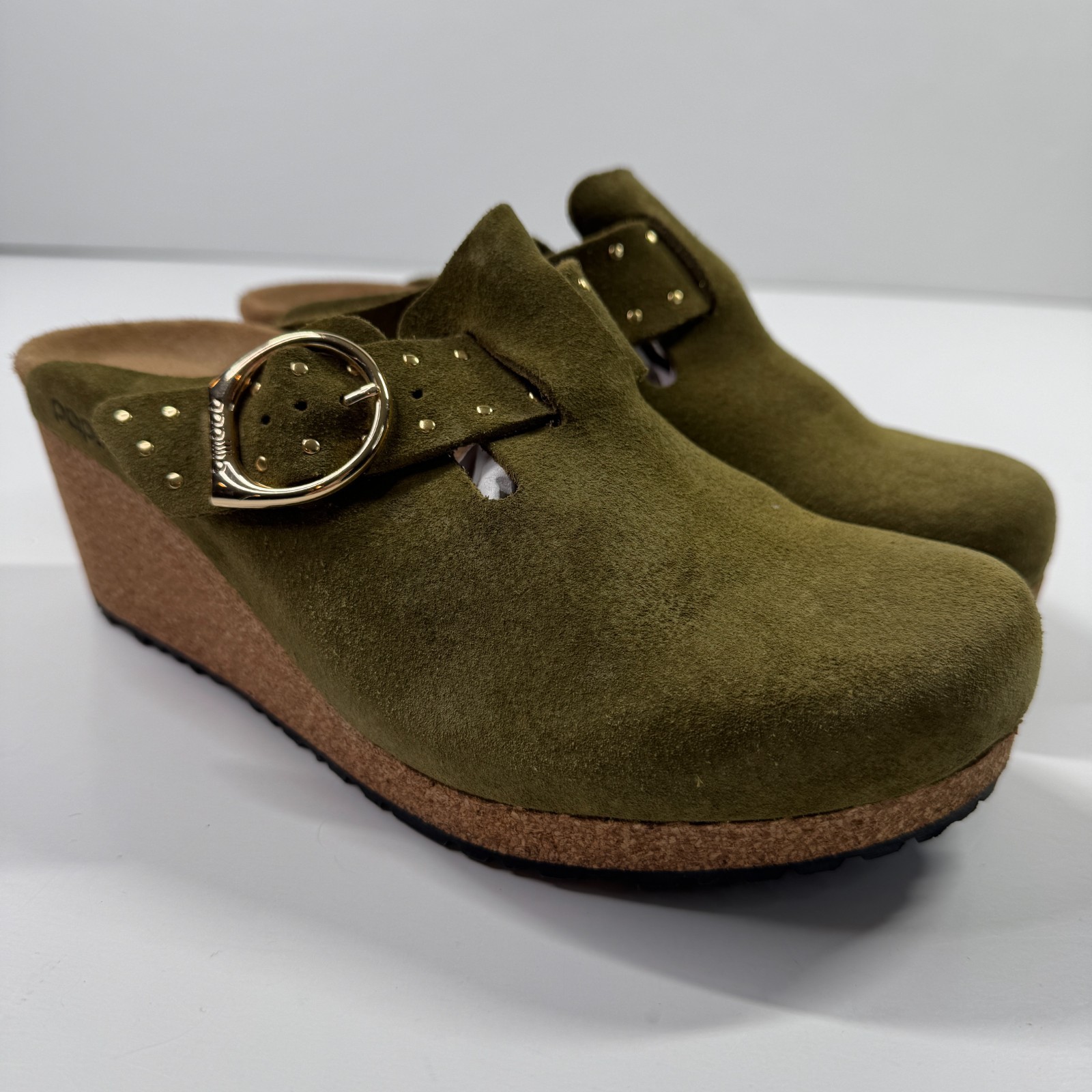Birkenstock Papillio Fanny Ring Buckle Pine Green Suede Wedge US Size 9