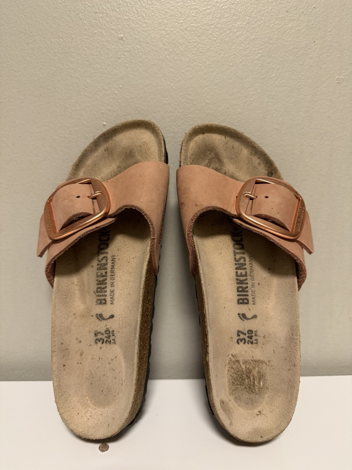 Birkenstock Madrid Big Buckle Pink Rose Gold Nubuck Leather Sandals US 6-6.5