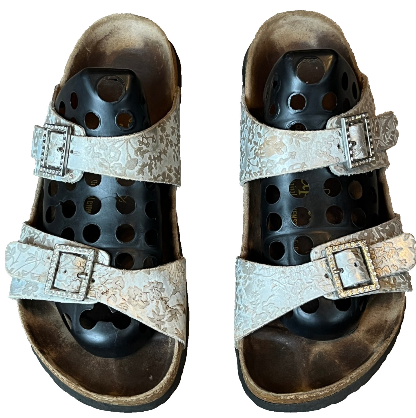 Birkenstock Papillio Arizona Sandal Silver Floral Jeweled Buckles Womens 8 EU 39