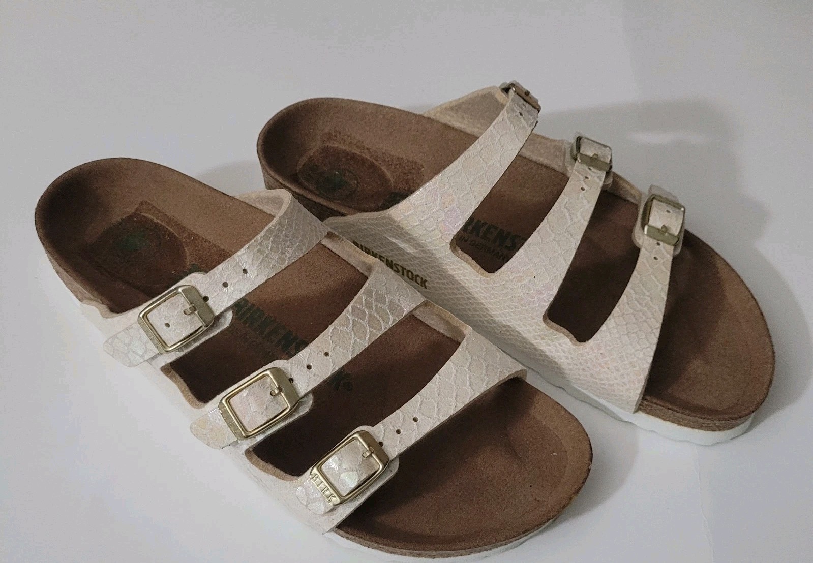 Birkenstock Florida Fresh Shiny Snake Cream Multicolor NARROW SIZE 38 L7M5.