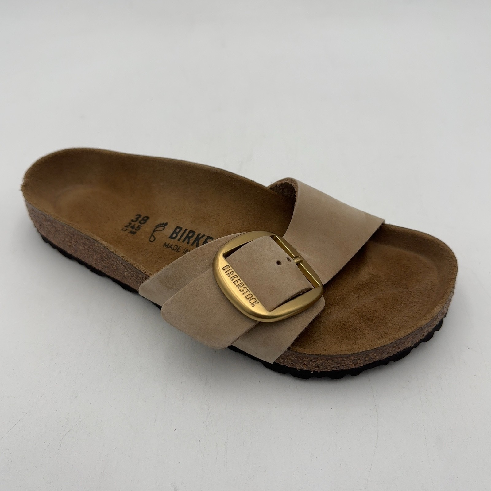 Birkenstock Madrid Big Buckle One Strap Leather Flat Sandals, Sandcastle, Sz 7 M