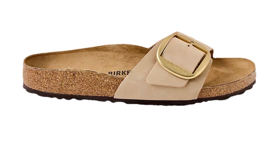 Birkenstock Madrid Big Buckle Nubuk Leather Sandcastle Nude Gold Narrow Sandals