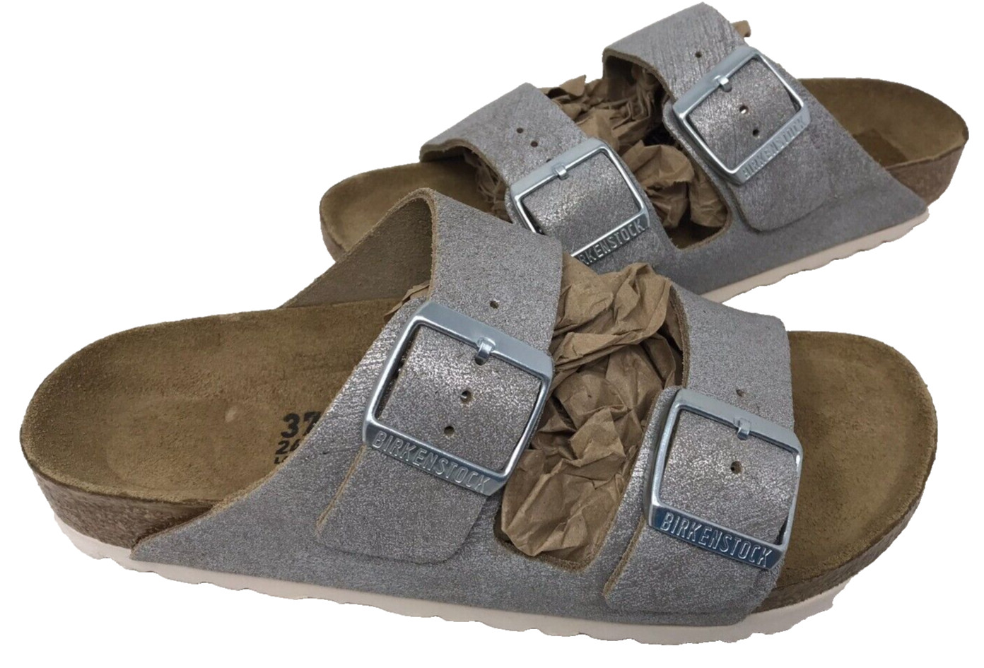 Birkenstock Women’s Arizona Double Buckle Sandals Gray Metallic Size:5 89F