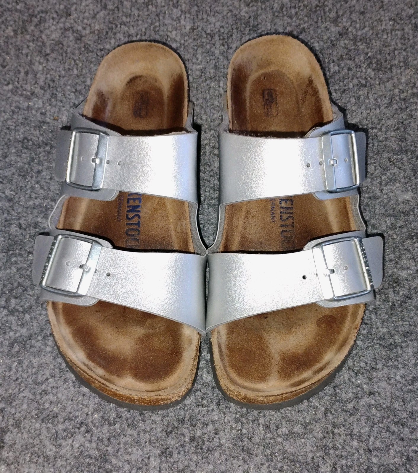 Birkenstock Arizona Slide Sandal Silver BirkoFlor Size 39 L8 M6 Soft Footbed