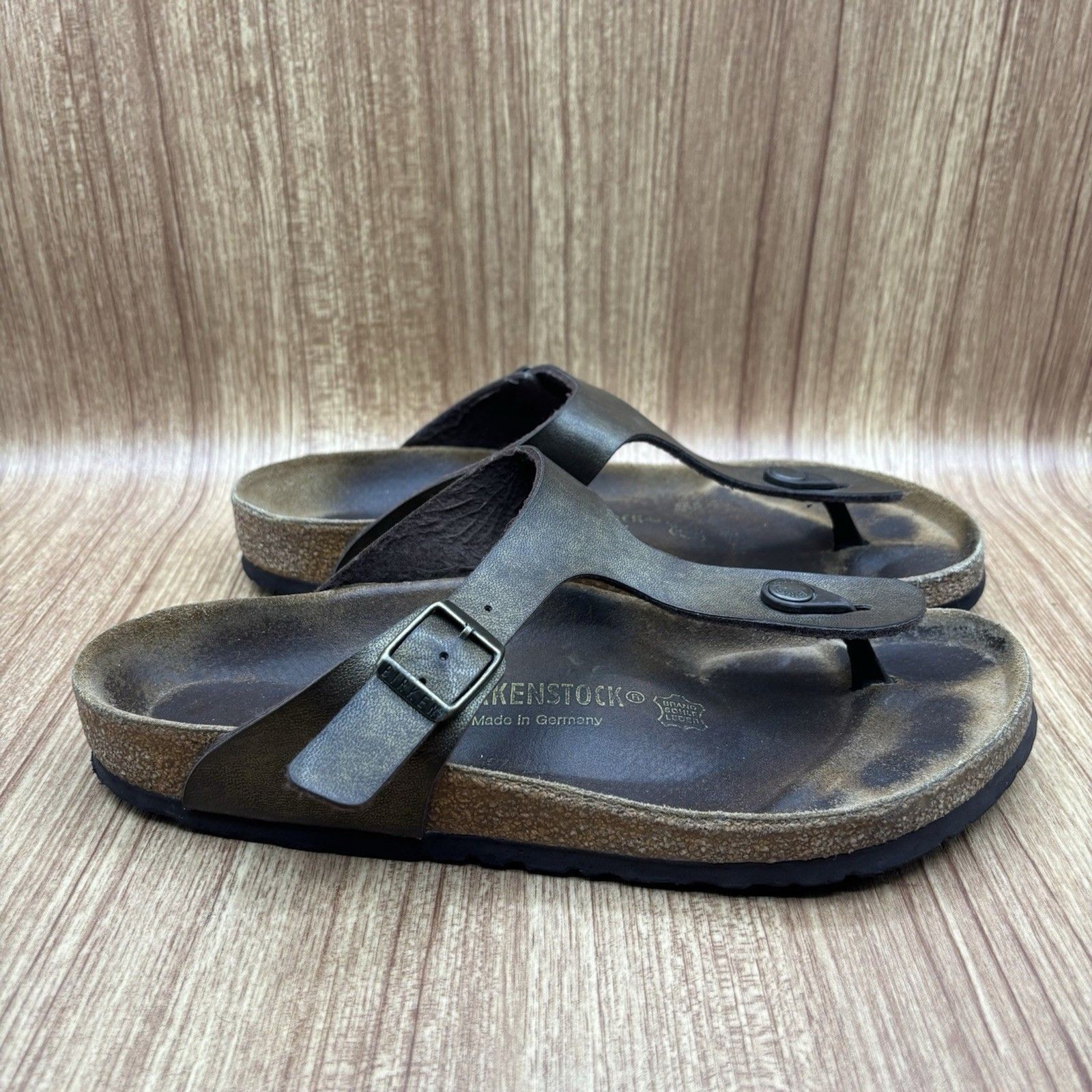 Birkenstock Gizeh T Strap Brown & Bronze Sandals Leather Regular Fit Sz 40 /9