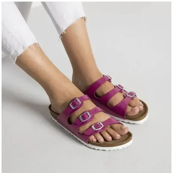 Birkenstock Florida Women Sz 38 US 7.5-8 Birko Flor Metallic Pink Strappy Sandal