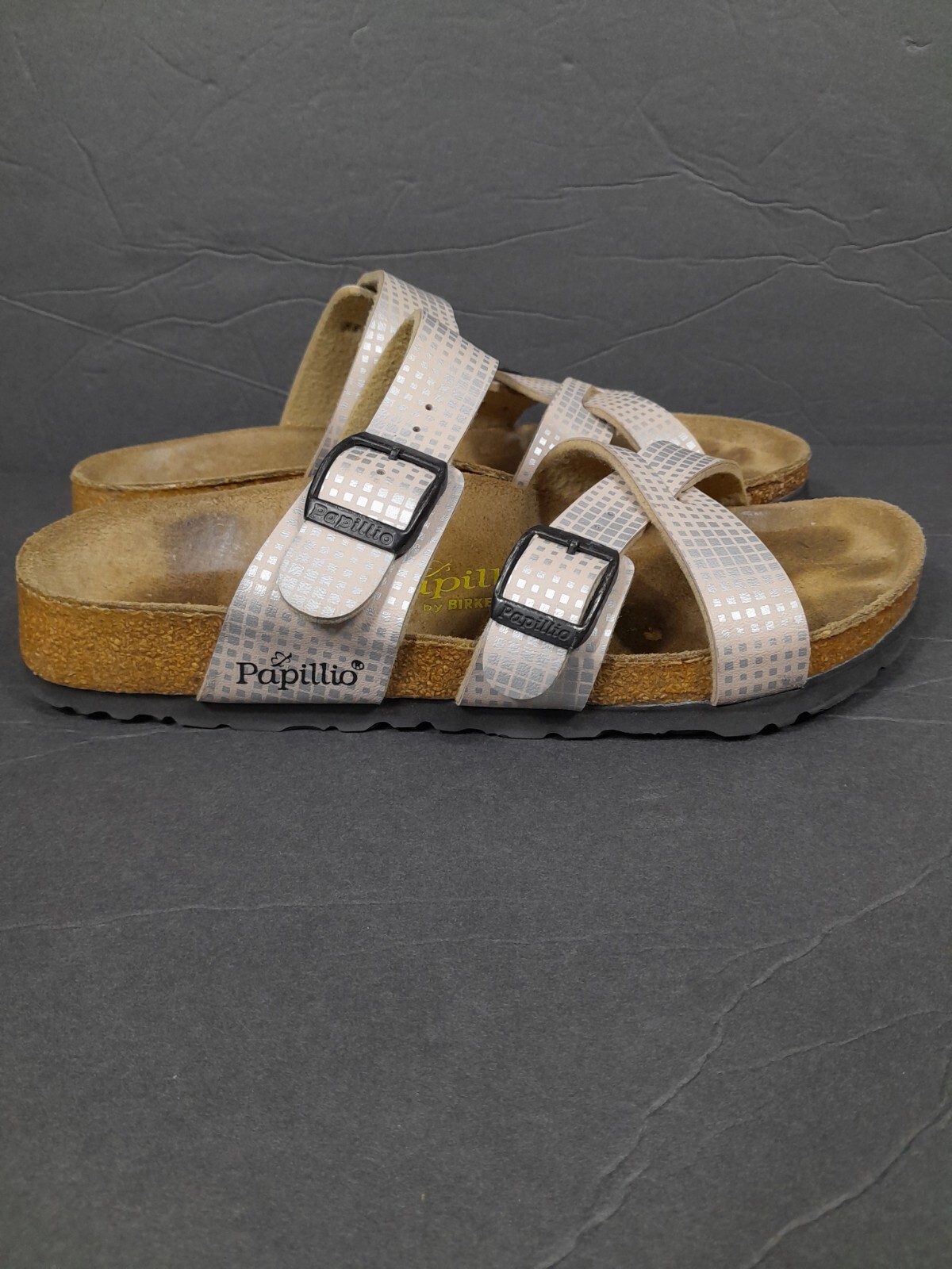 Birkenstock Papillio Franca Sandals Cross Strap Cream Silver Grid Sz 5 Women