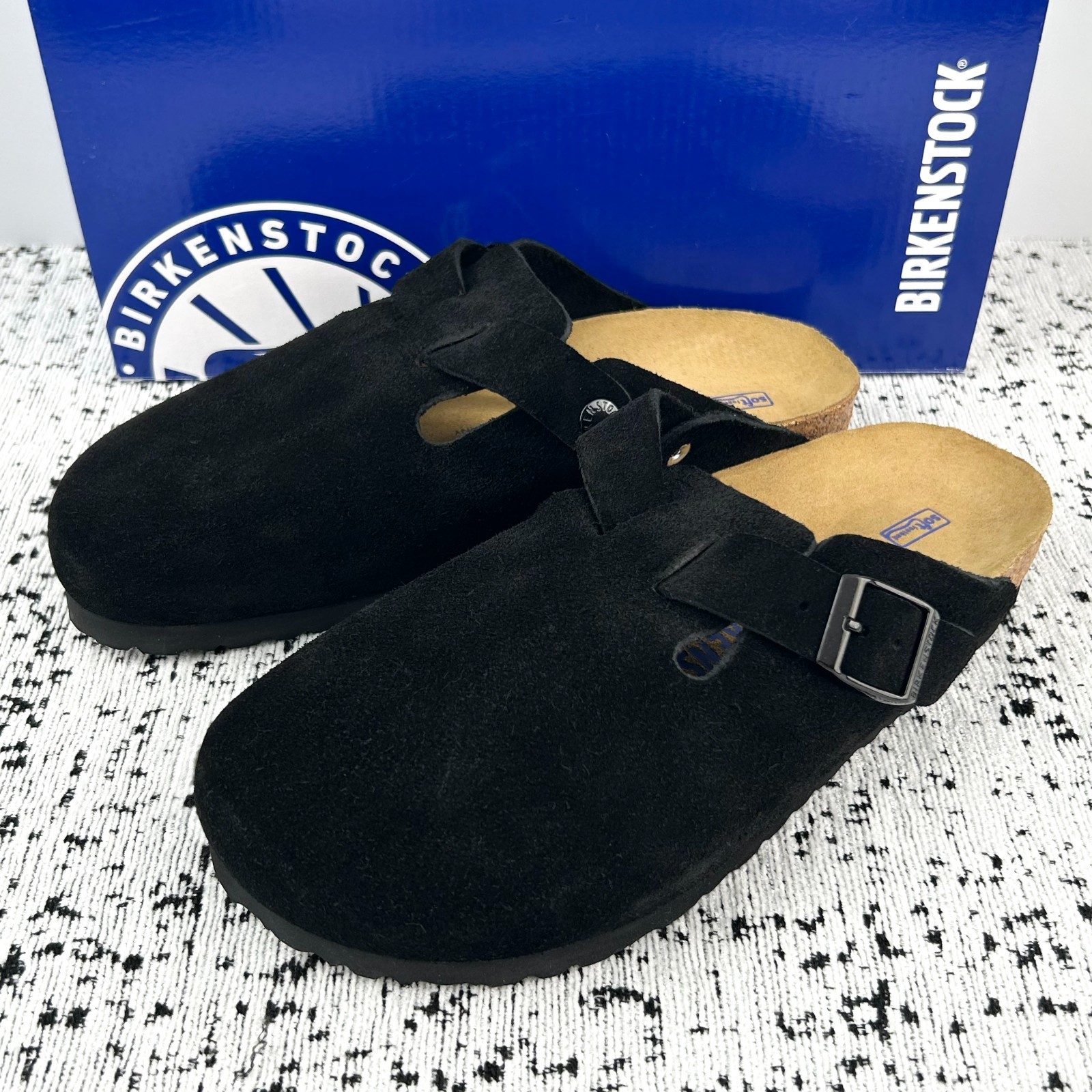 Birkenstock Boston Black Soft Footbed Suede Leather women’s and men’s Clog Shoes
