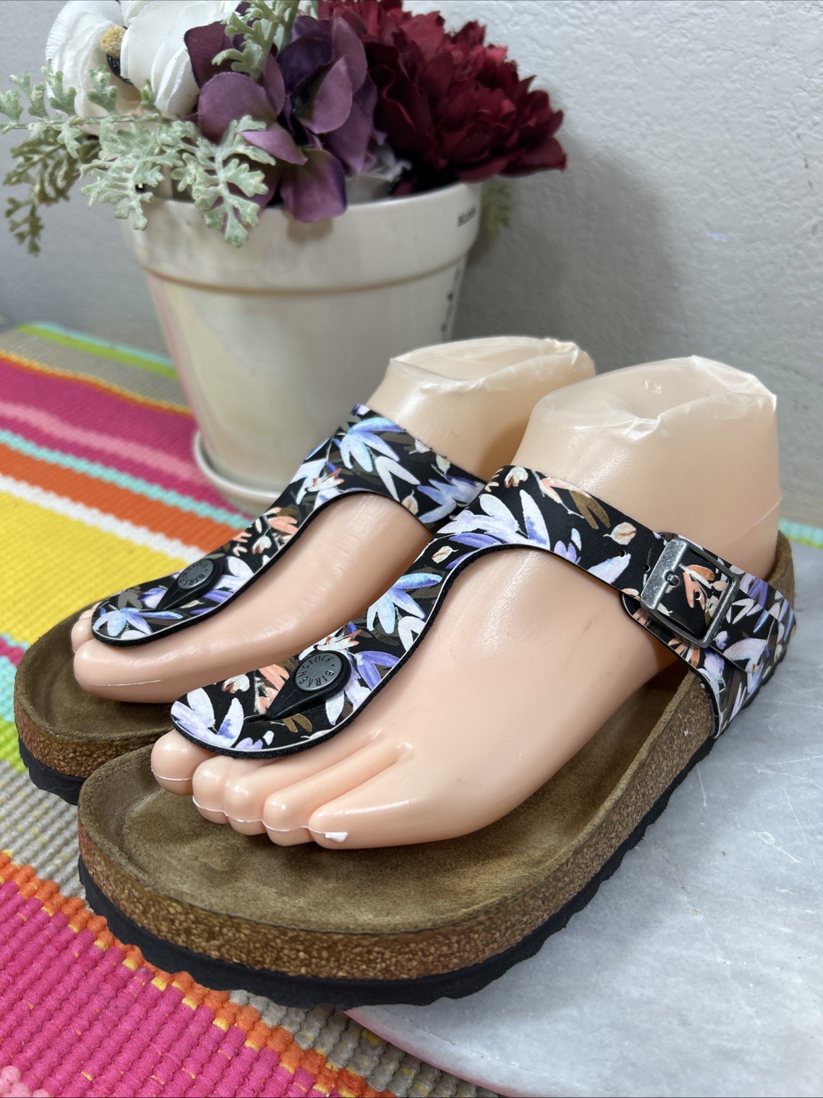 Birkenstock Gizeh Boho Floral Pink Purple Slides Sandals Women’s Size EU 38 US 7