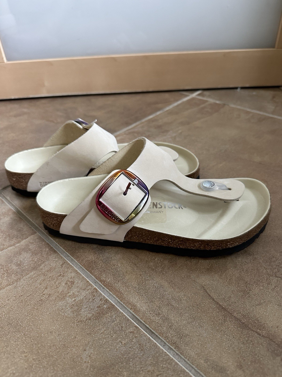 BIRKENSTOCK GIZEH BIG BUCKLE NUBUCK LEATHER ECRU WHITE BEIGE 37 L6M5.