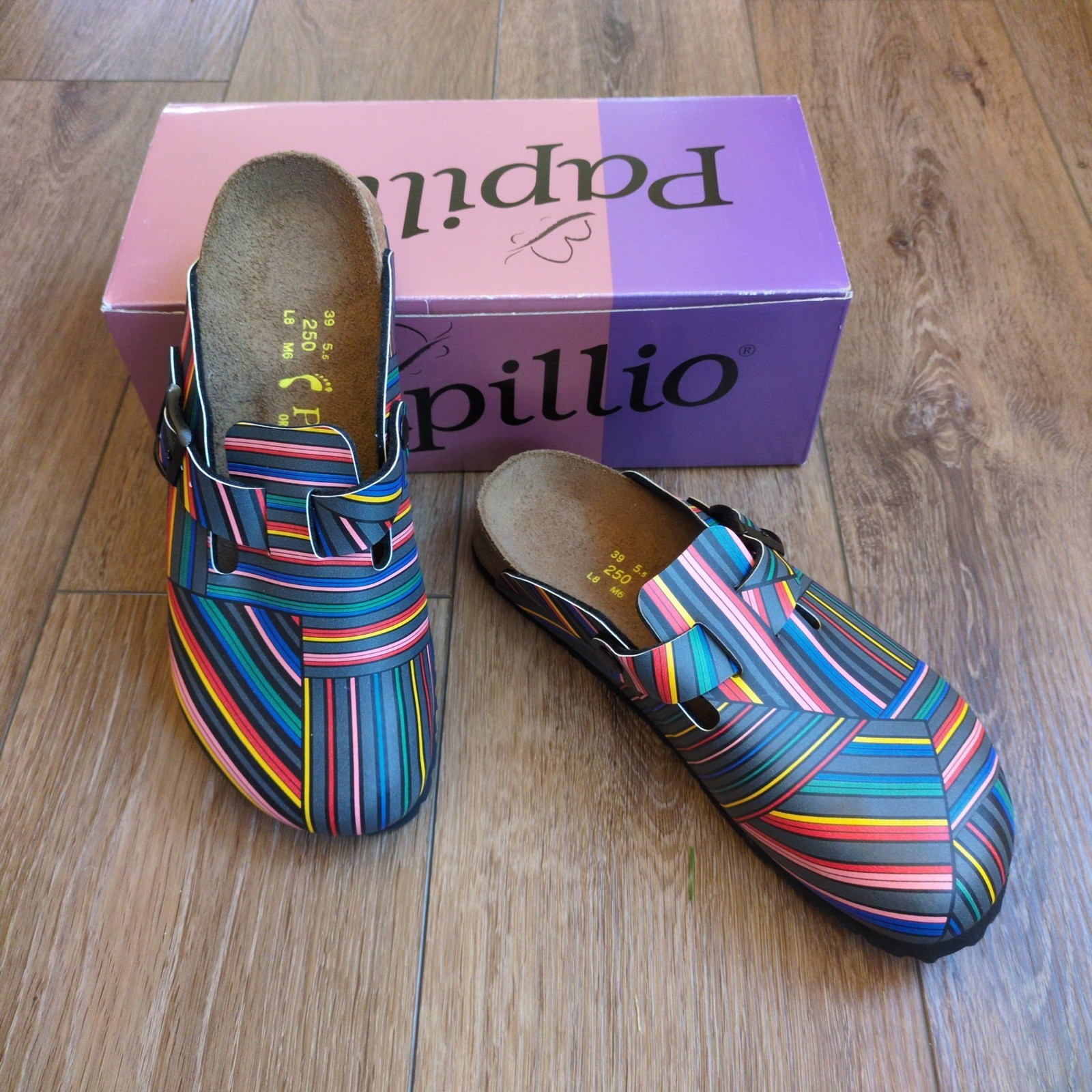 NIB Papillo Birkenstock Boston Slip-on Clog Shoes – Stripe Rainbow Artsy Boho 39