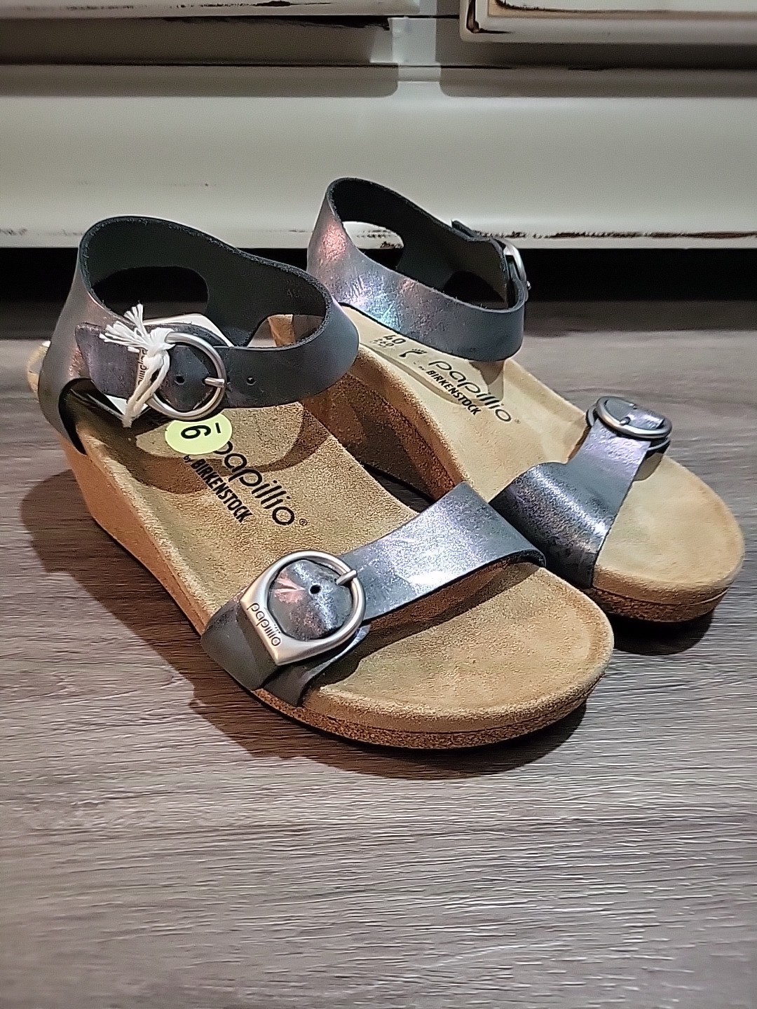 pretty shiny dark gray Birkenstock Womens 40 Papillio Suede Wedge Sandal NWOB