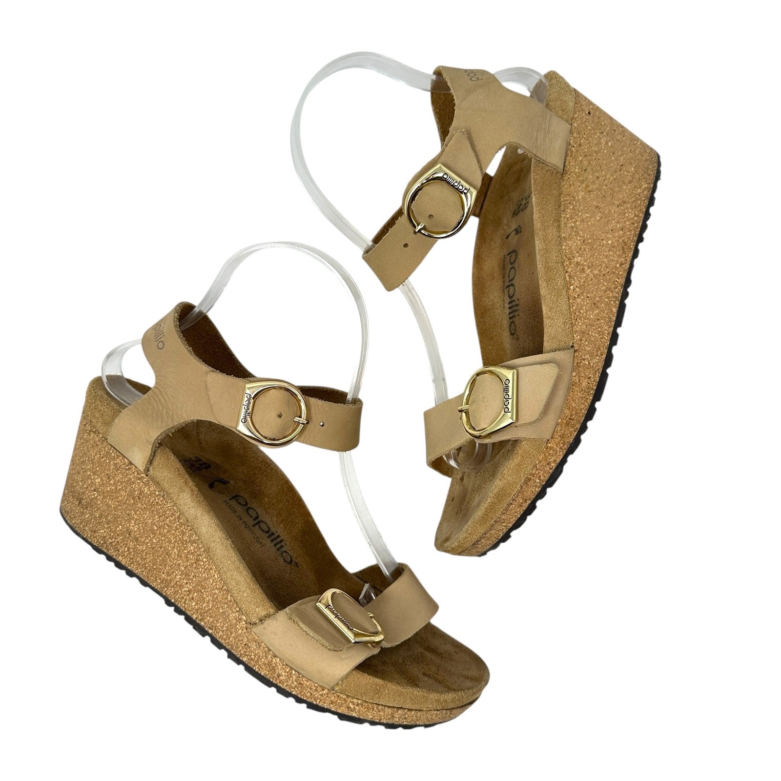 Birkenstock Papillio Soley Wedge Sandals Nubuck Leather Beige Tan 38 US 7 7.5