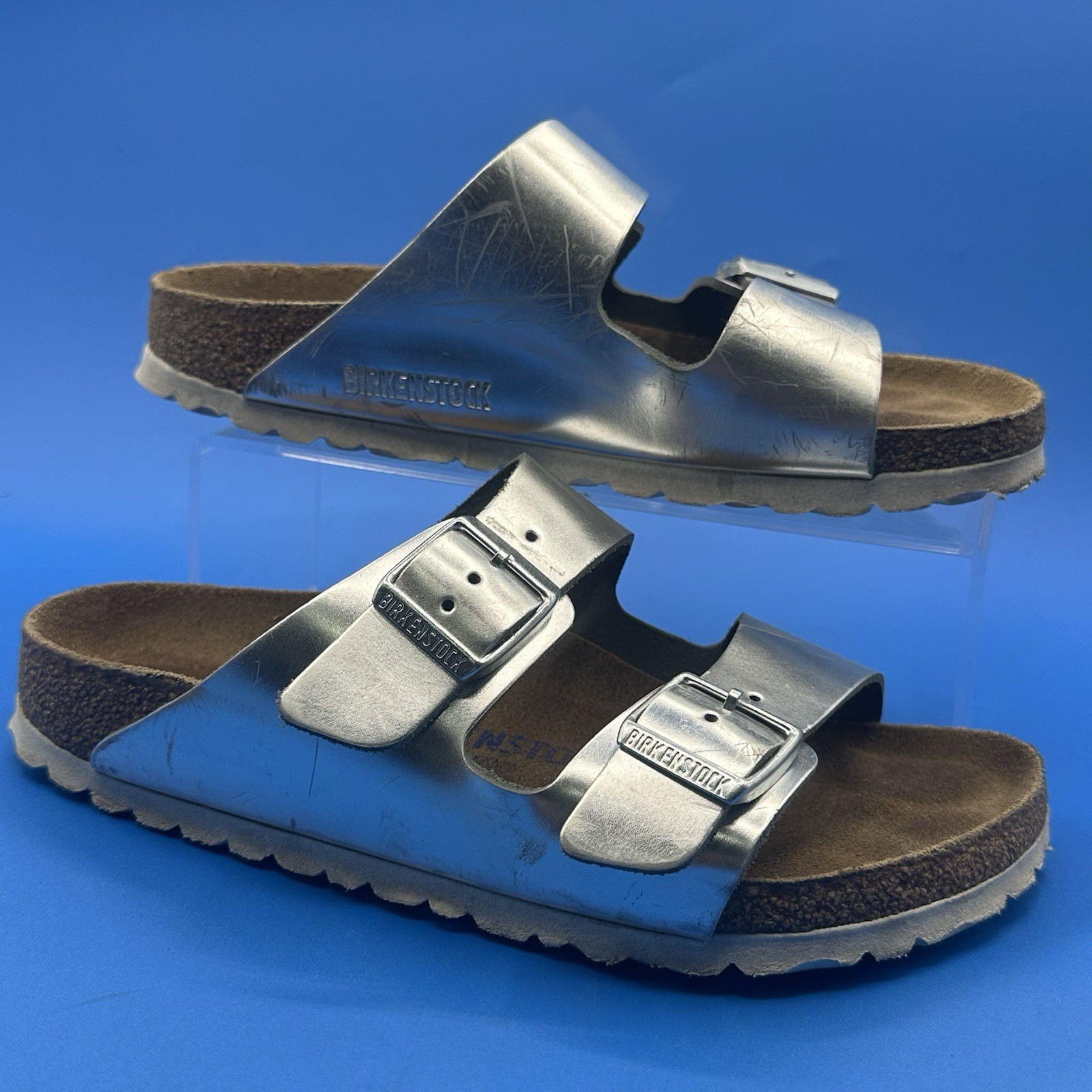 (FAIR) Birkenstock Arizona Silver Women’s Two Strap Silver Sandals – Size US 5