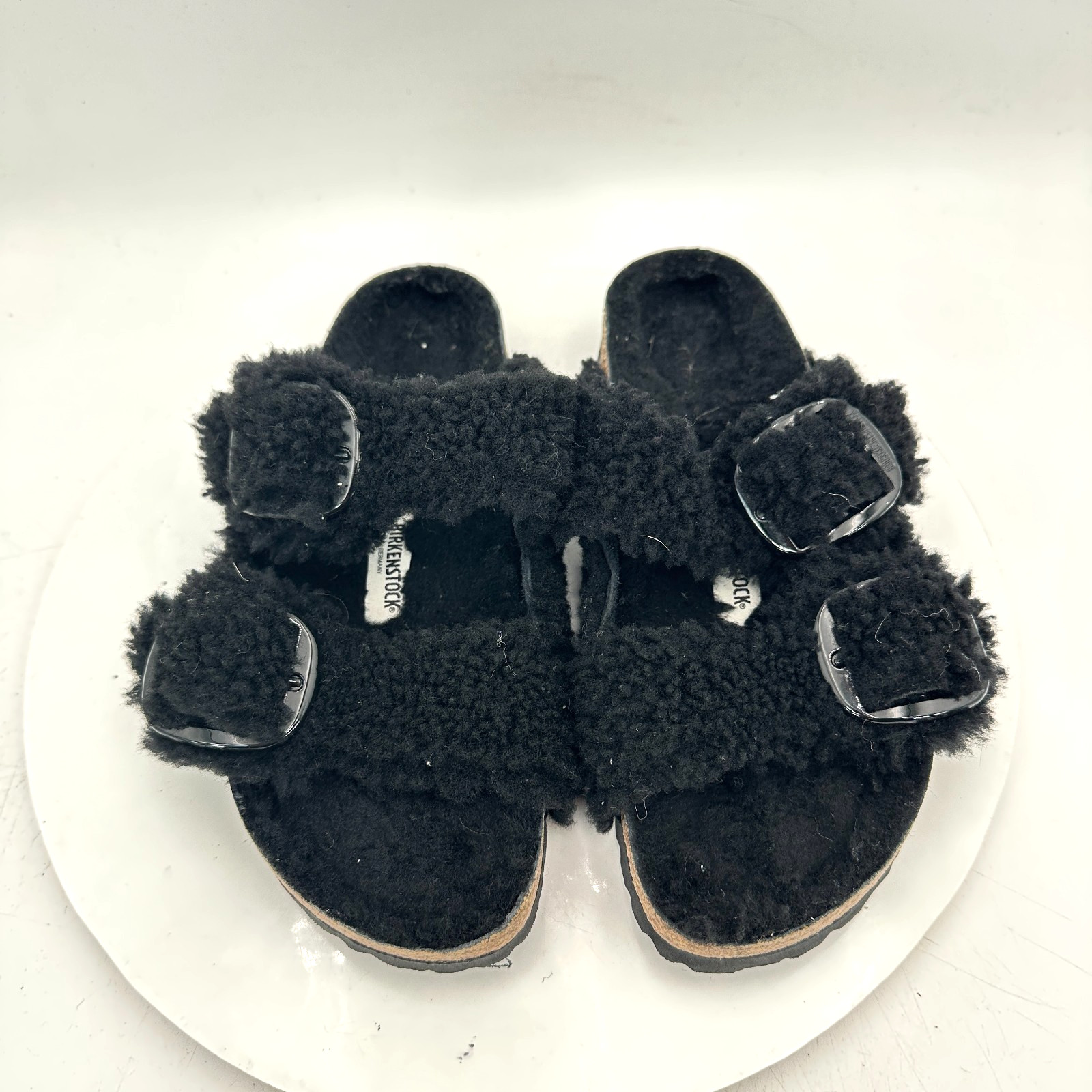 Birkenstock Arizona Women Size 7 Black Leather Fur Slide Buckle Comfort Sandal