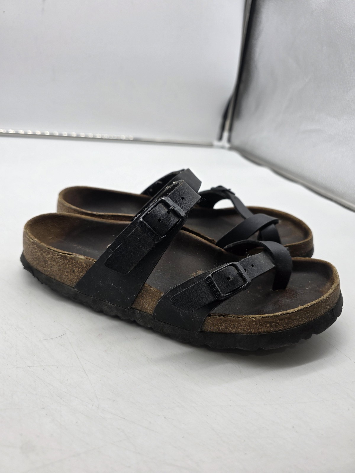 Birkenstock Mayari Sandals Women Size 38 Black Cork Footbed Slip On Shoes Damage