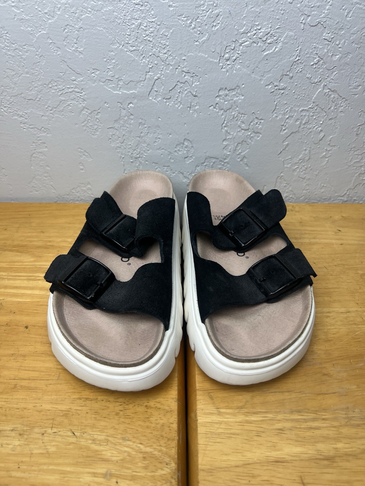 Birkenstock Papillio Arizona Women 7 Chunky Black Suede Leather Sandals White